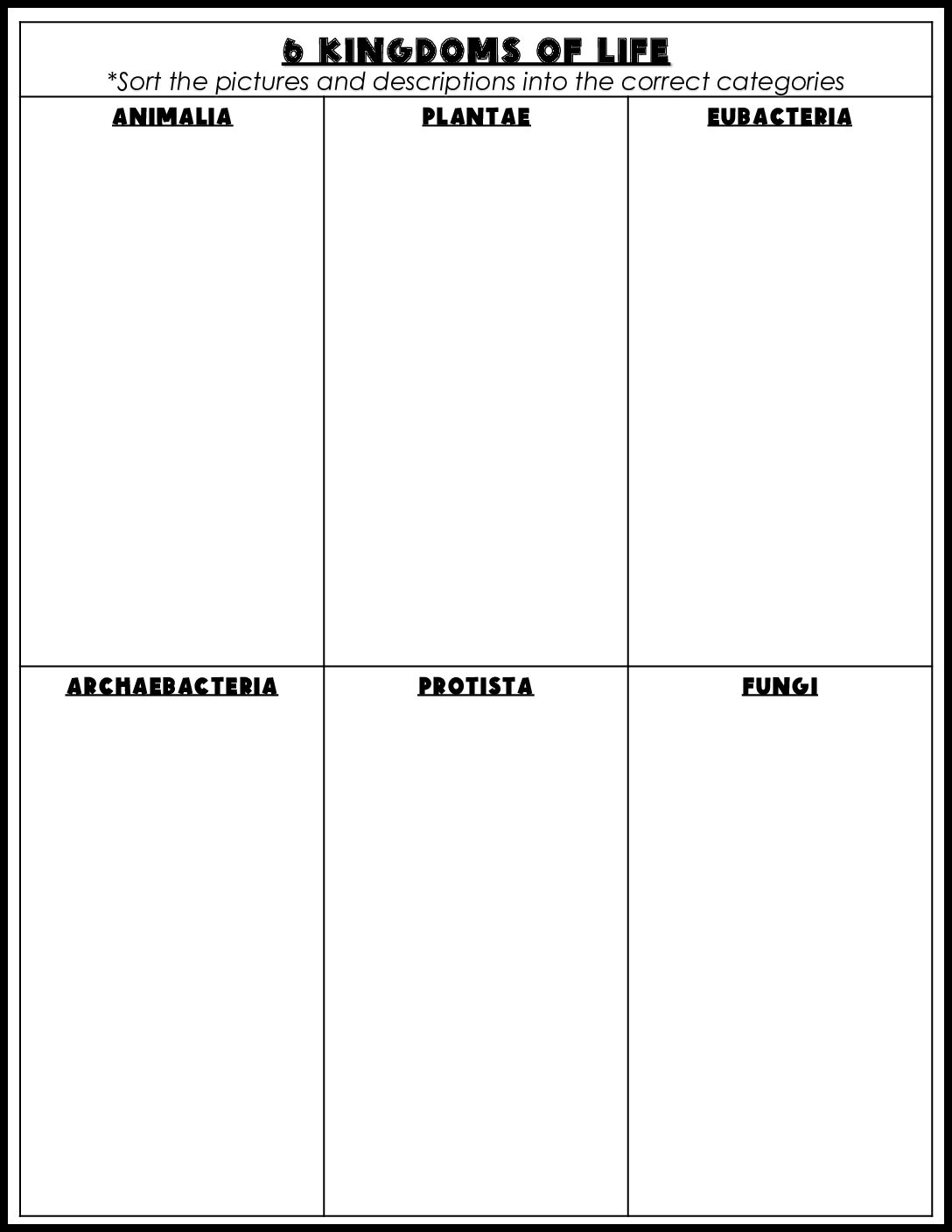 6 Kingdoms of Life Picture Sort Worksheet