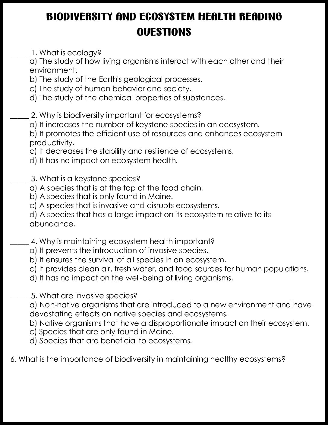 Biodiversity And Ecosystem Health Questions