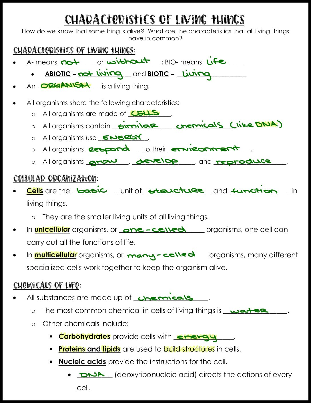 Characteristics Of Living Things Notes Key