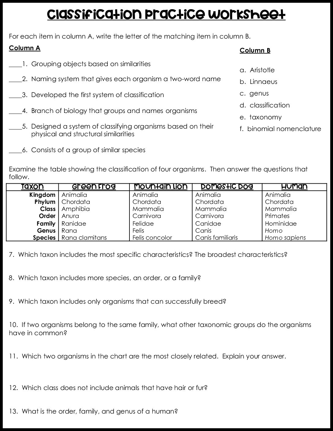 Classification Practice Worksheet