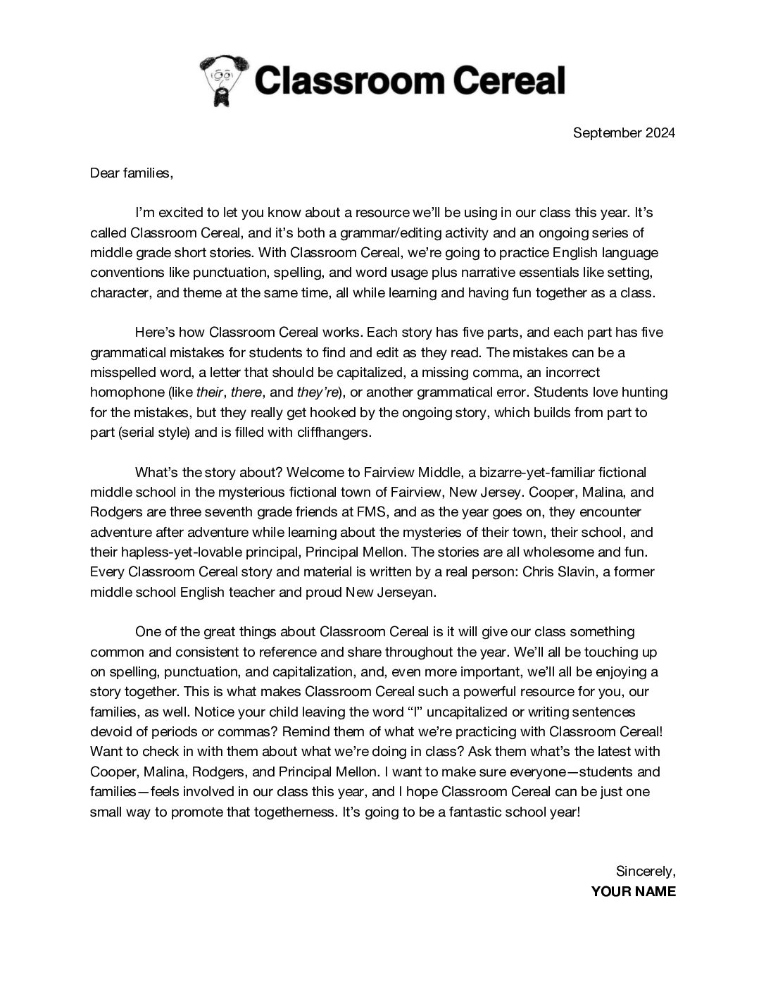 Classroom Cereal 2024 2025 Home Letter