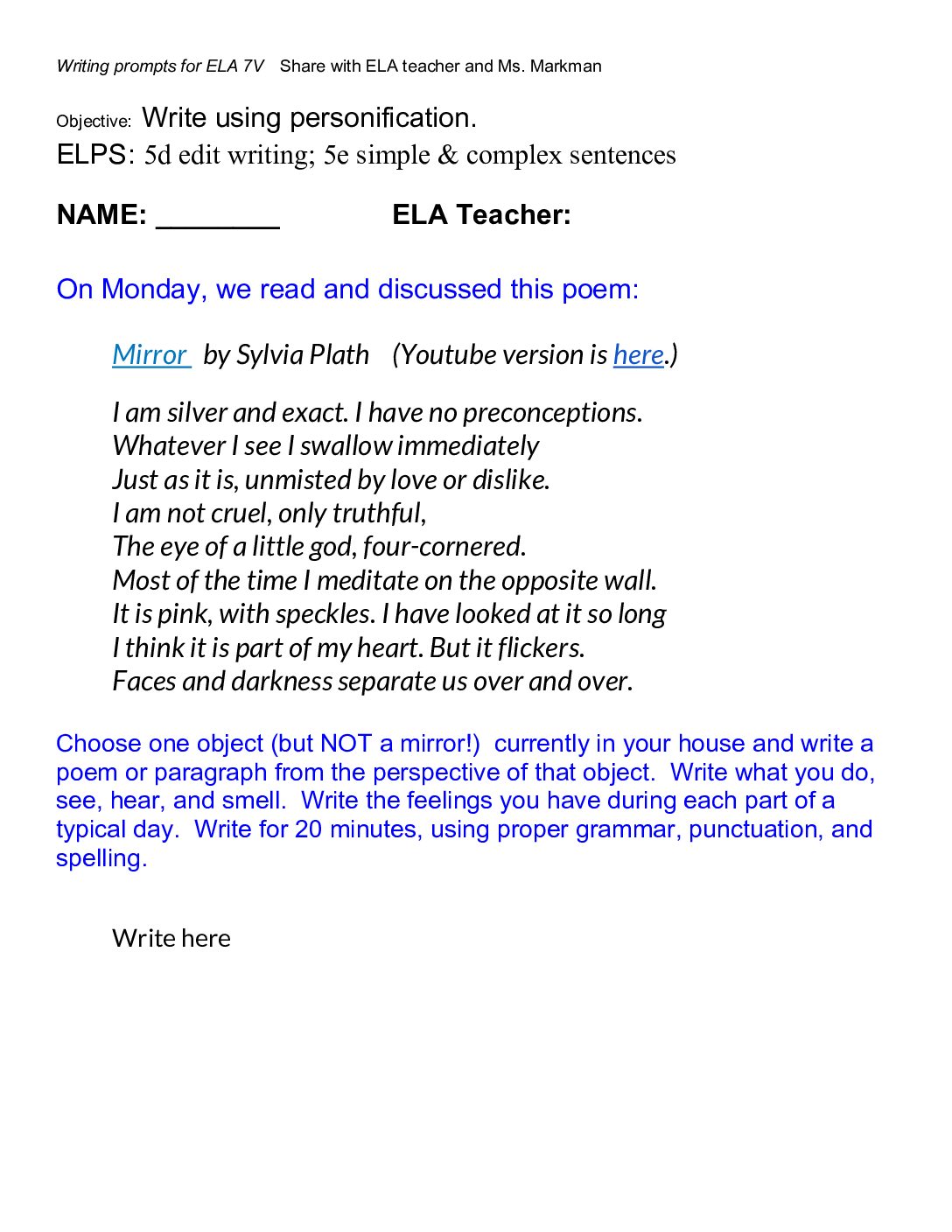 Day 2 Public Copy Of Personification Poem Paragraph Ela 7V