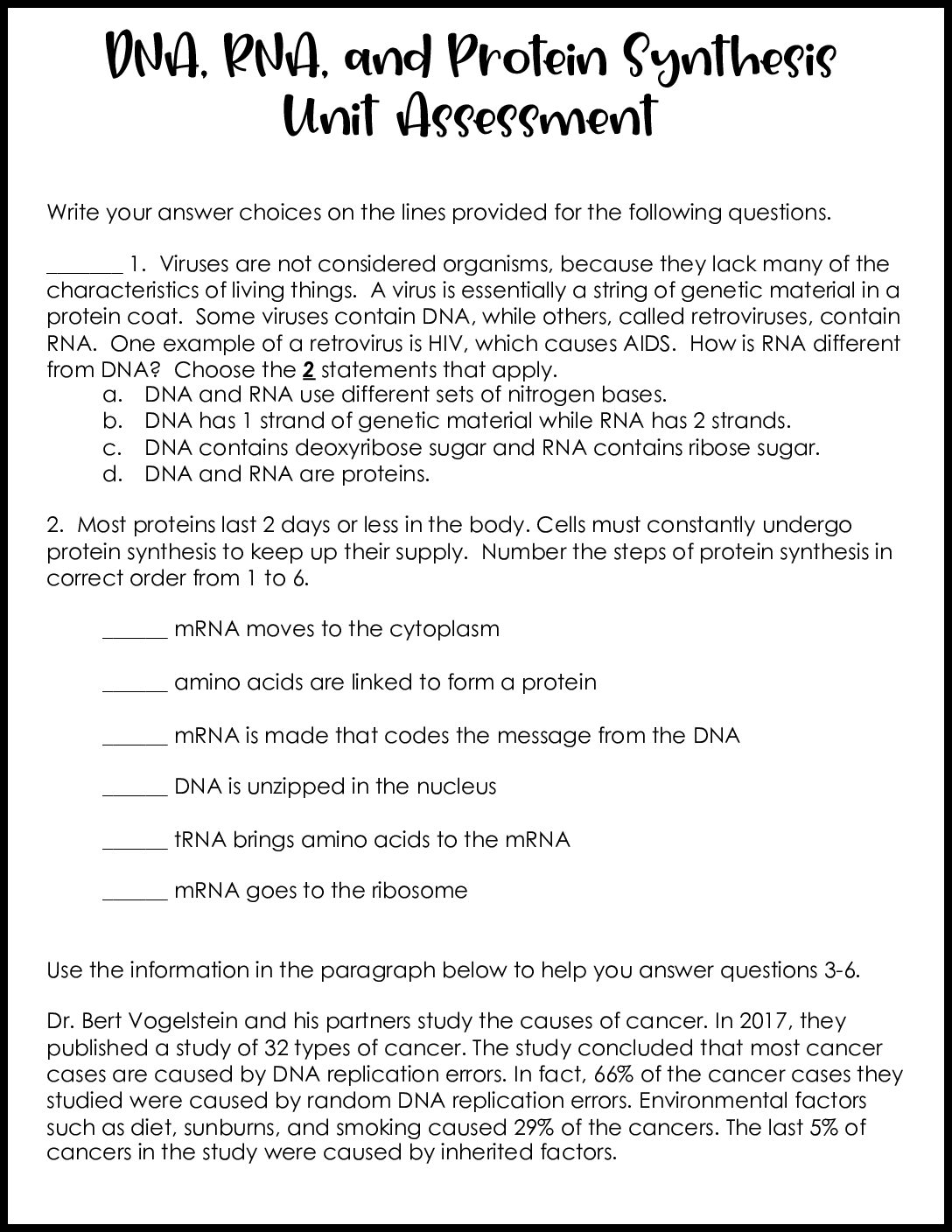 Dna Rna And Protein Synthesis Assessment