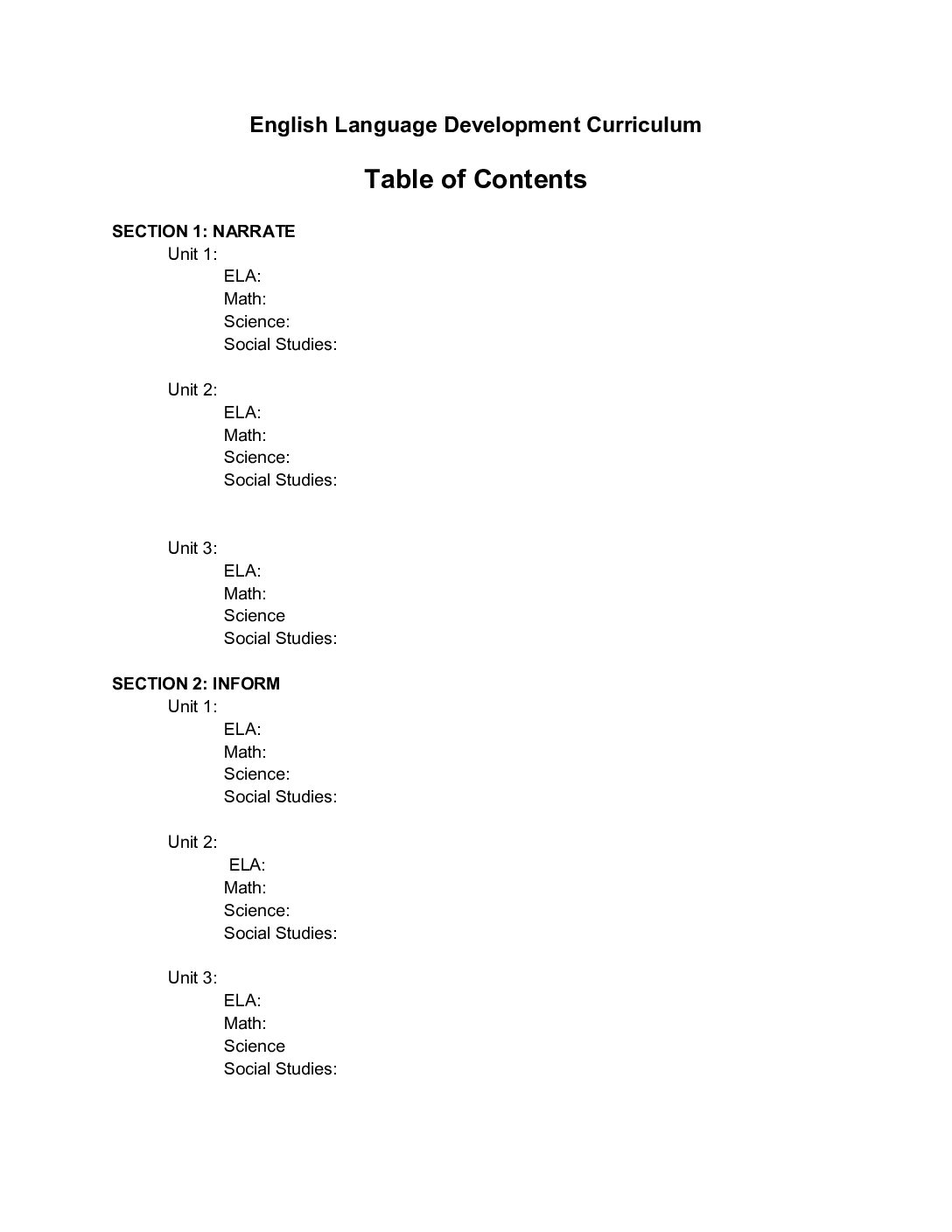Eld Curric. Table Of Contents Example Blank