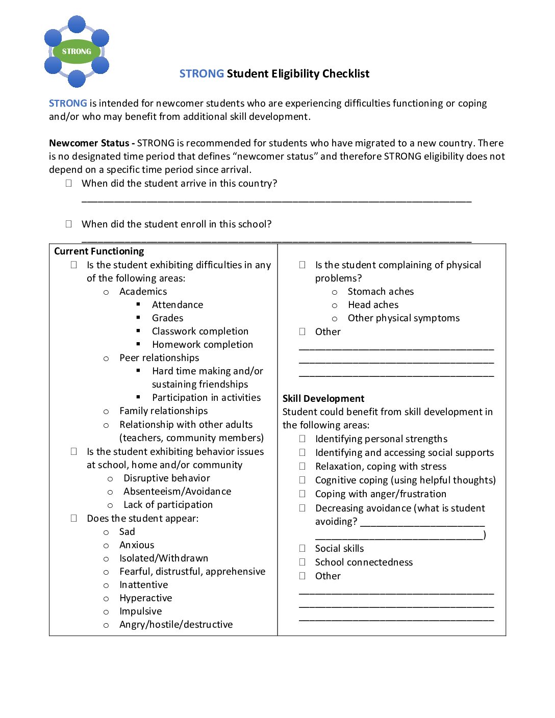 (English Canada) STRONG Student Eligibility Checklist