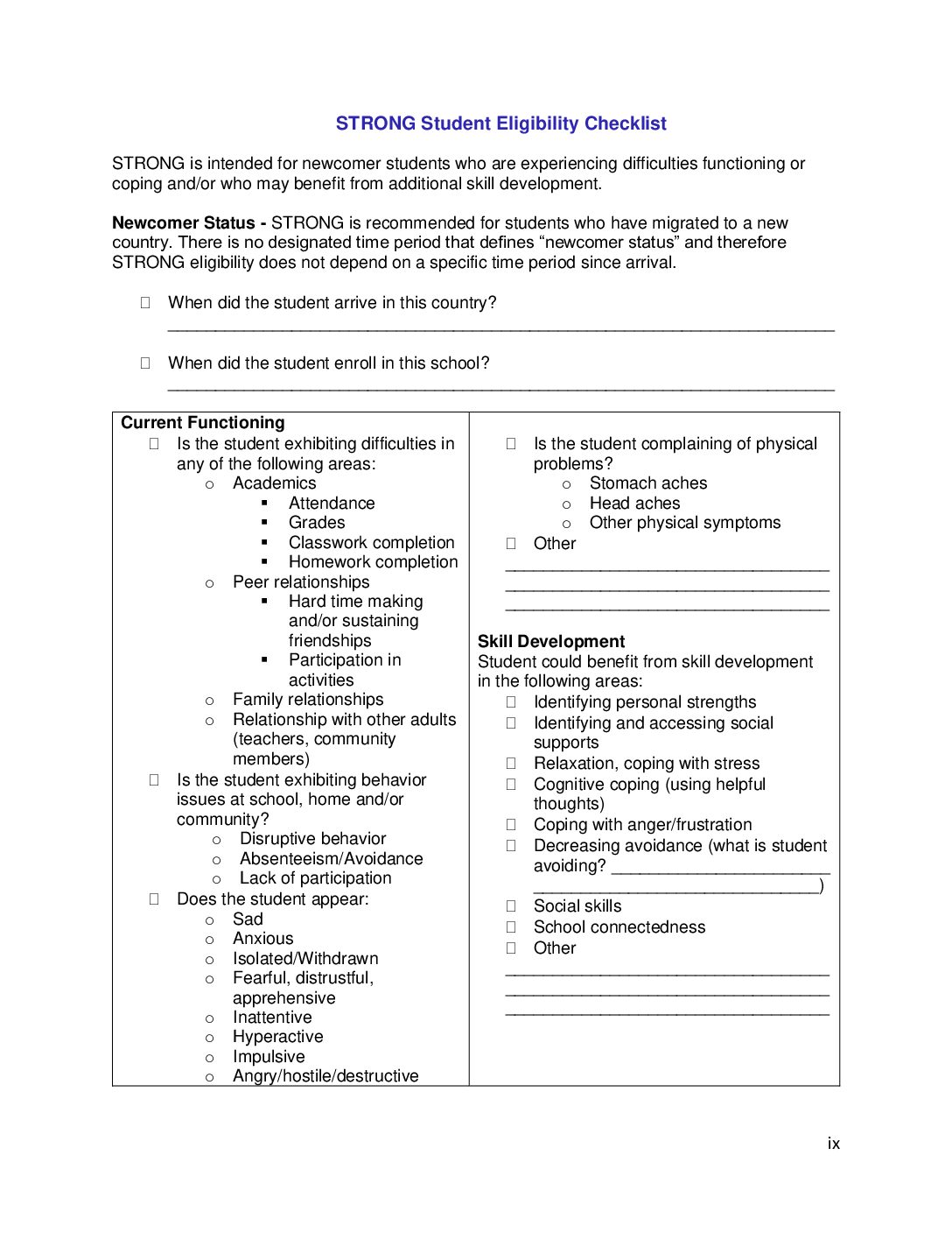 English. STRONG Student Eligibility Checklist