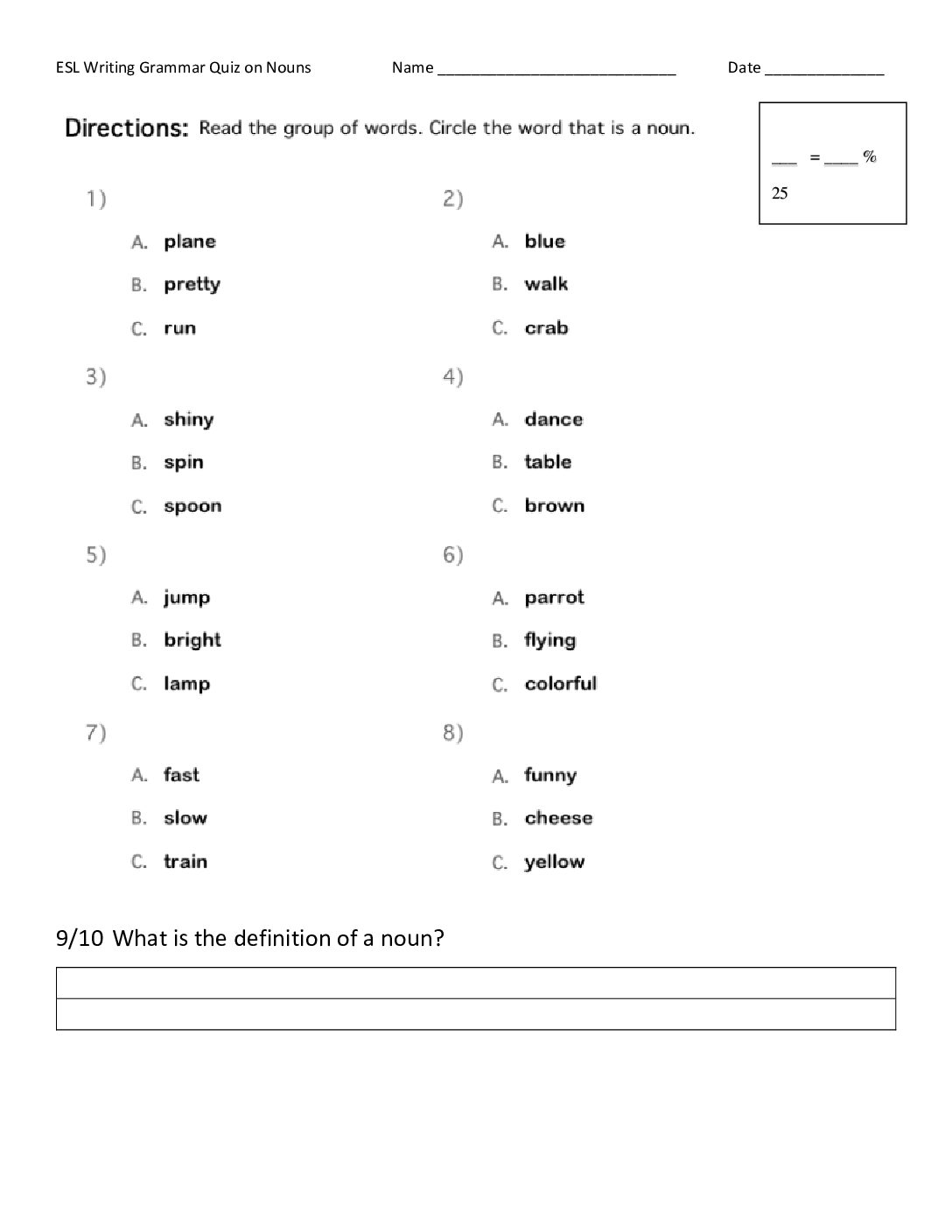 Esl Grammar Quiz Nouns