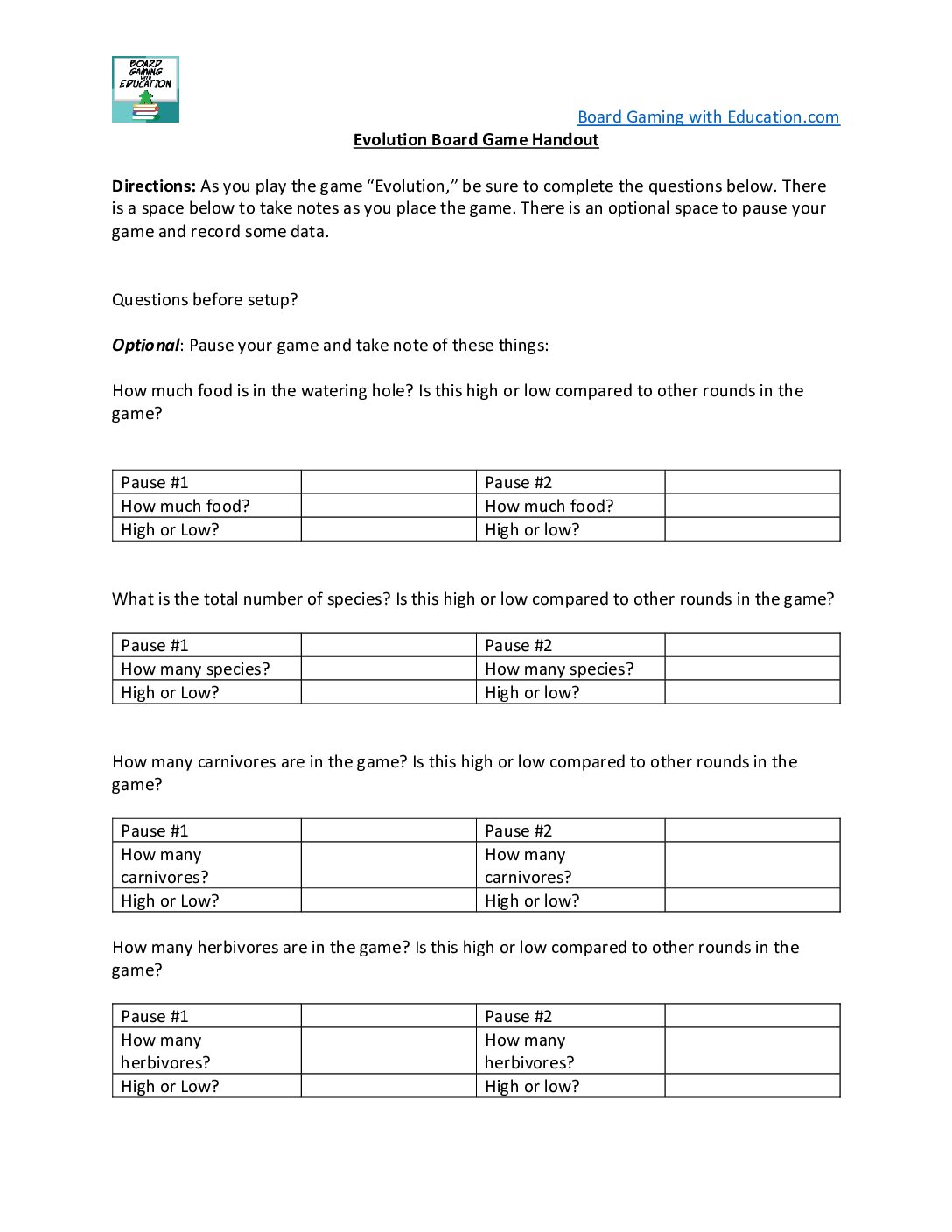 Evolution Board Game Handout