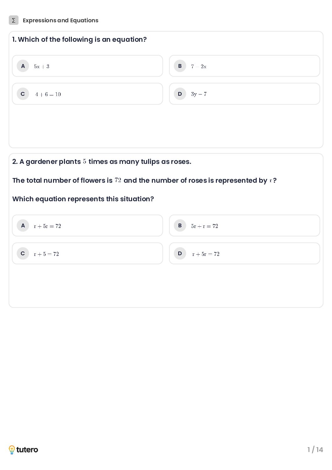 Expressions and Equations Standard Worksheet 1