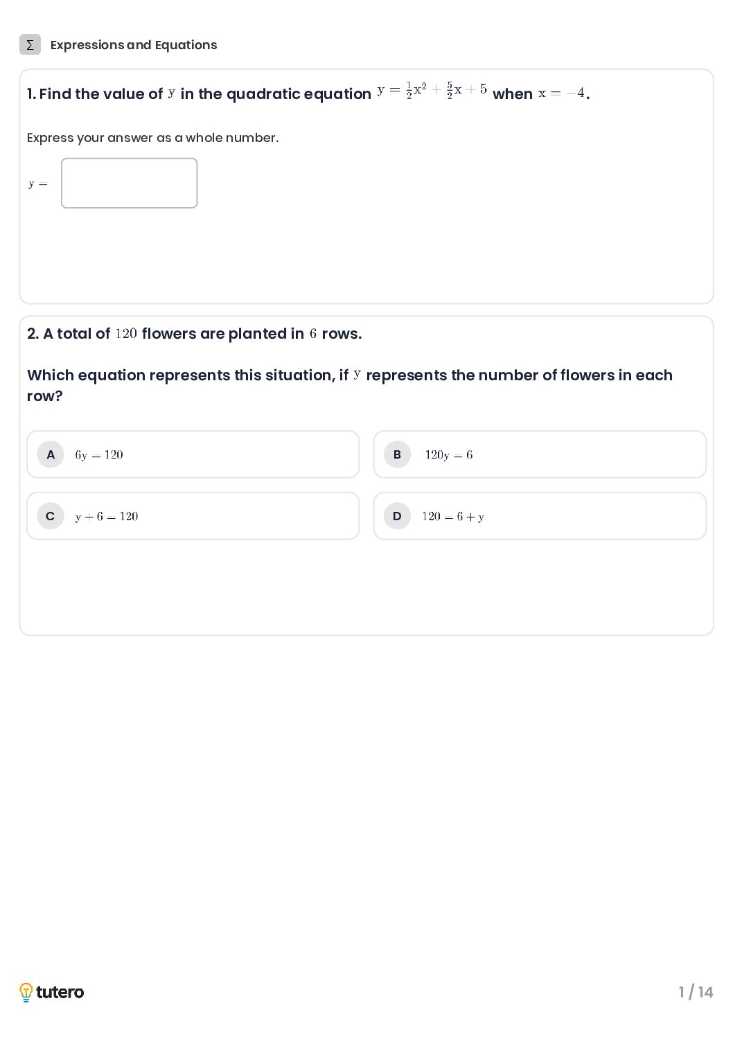 Expressions and Equations Standard Worksheet