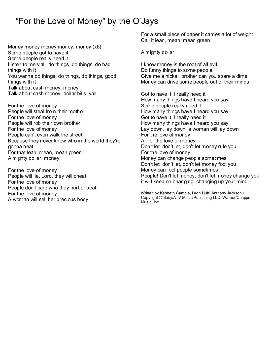 For The Love Of Money Lyrics