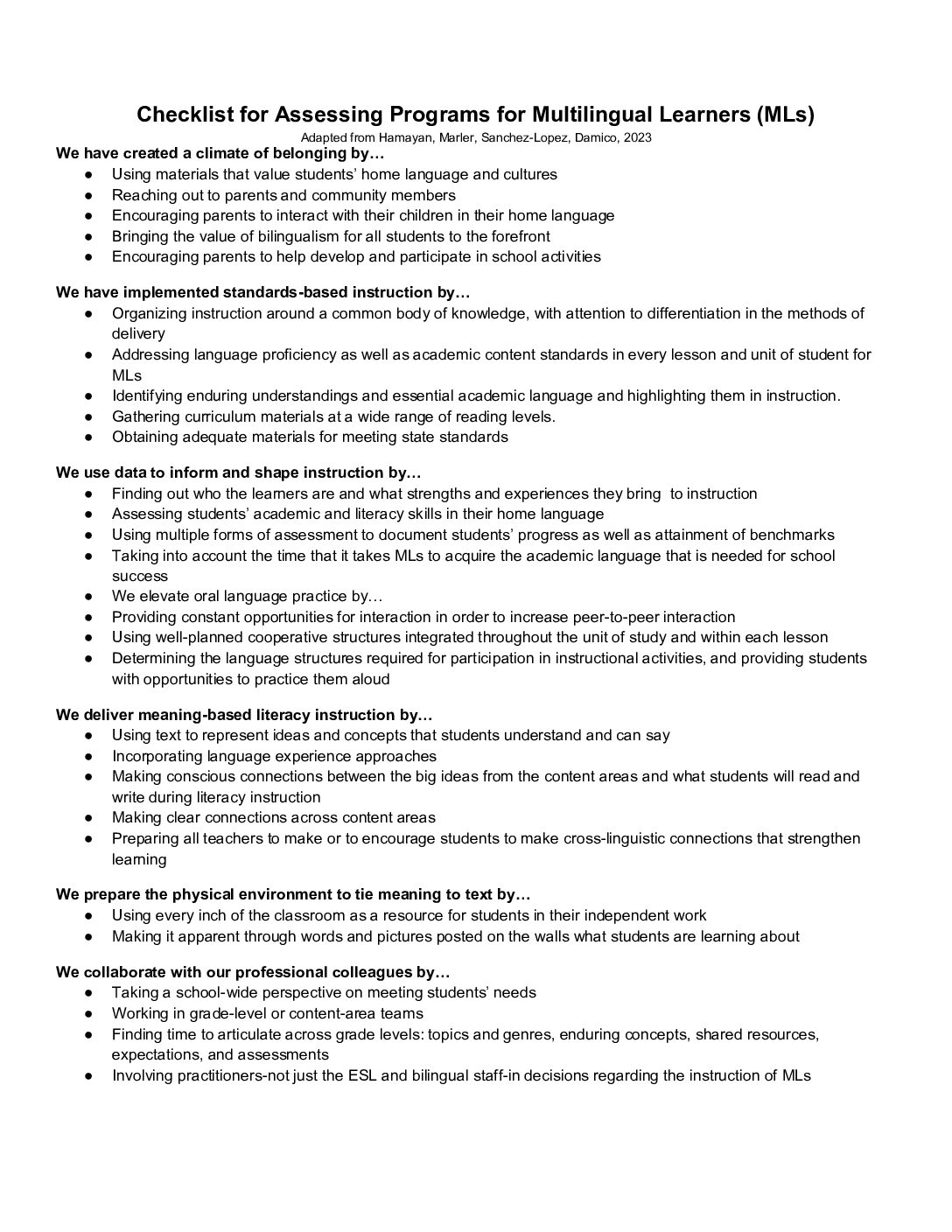 Handout 4 Checklist For Assessing Programs For Multilingual Learners (Mls)