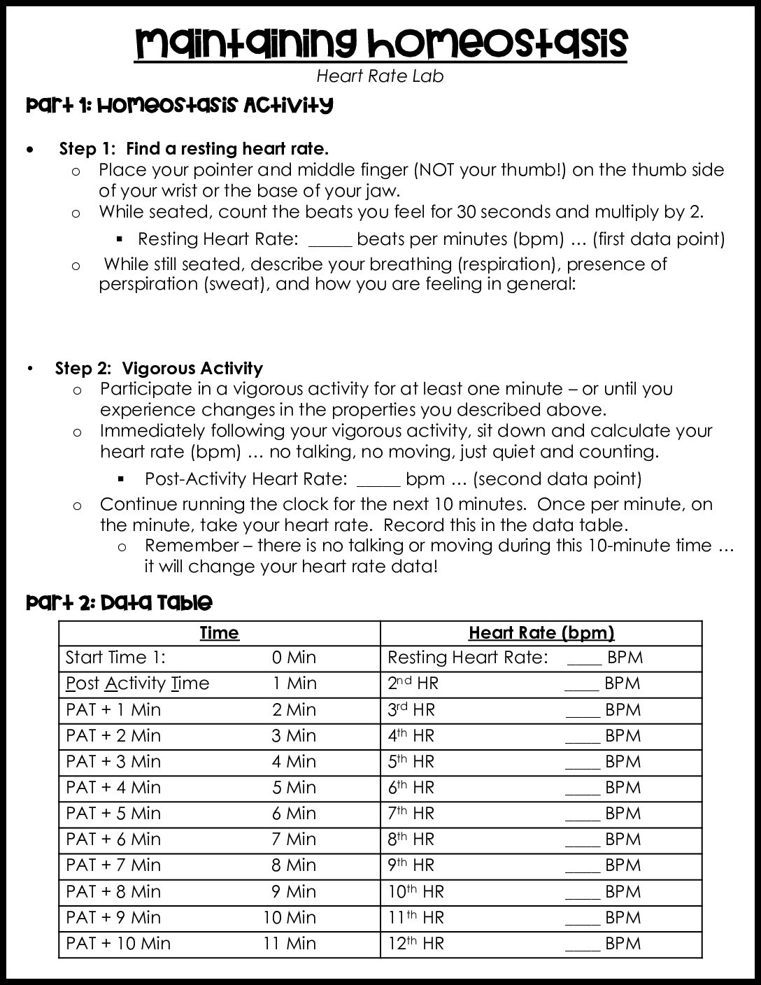 Maintaining Homeostasis Heart Rate Lab