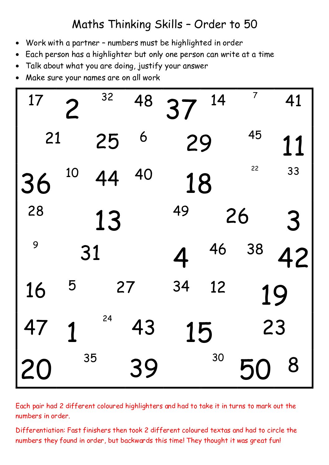 Maths Thinking Skills – Order to 50