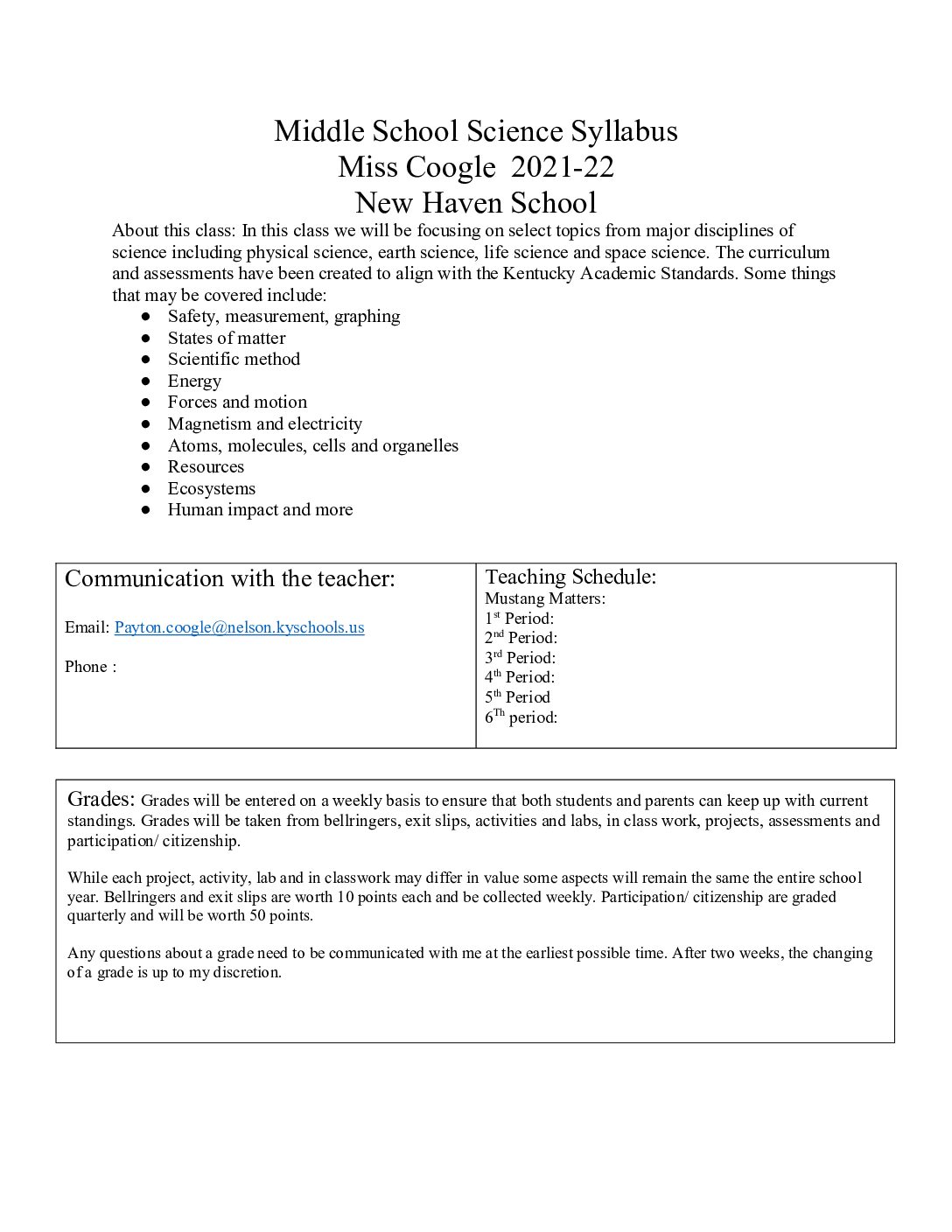 Middle School Science Syllabus