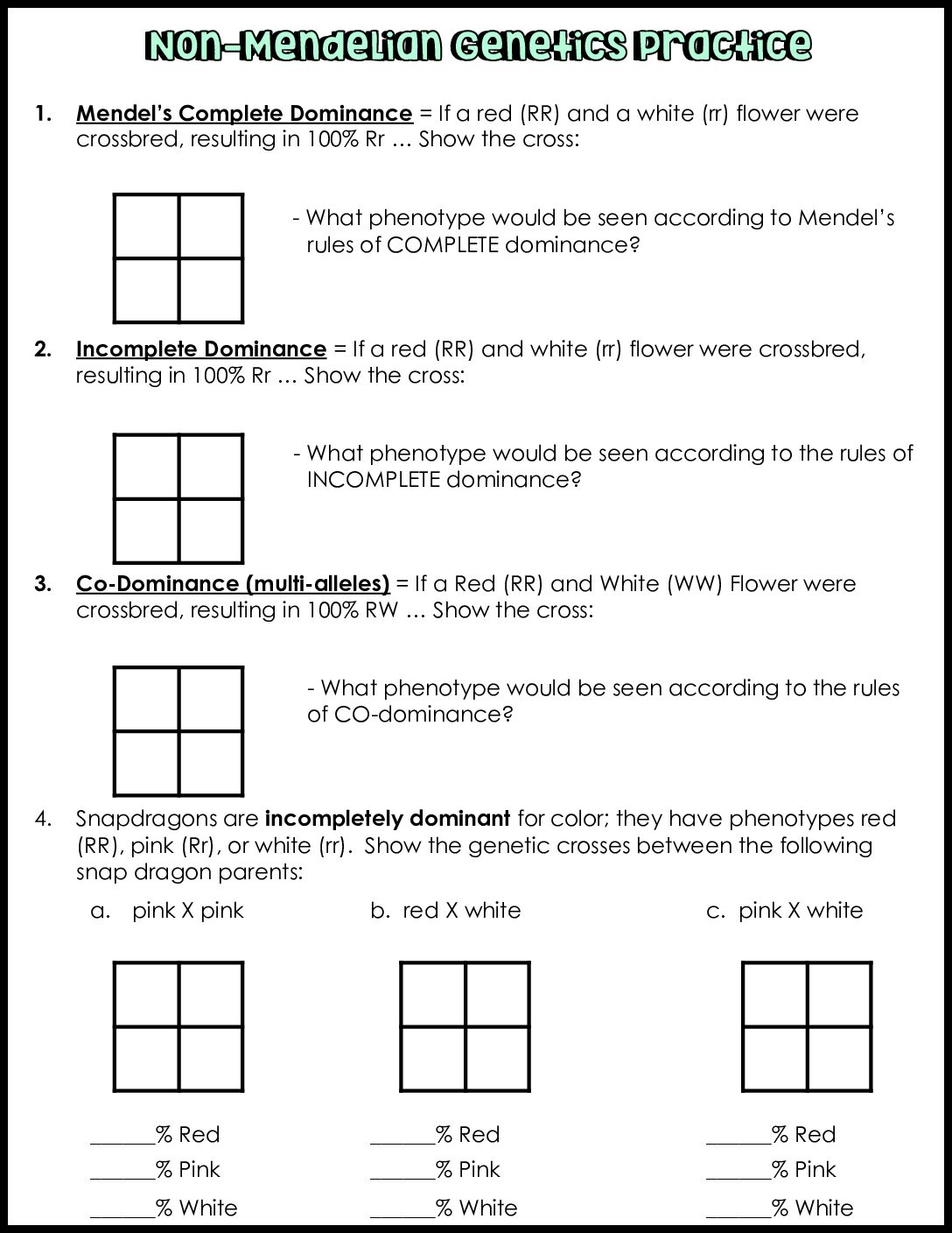 Non Mendelian Practice Sheet