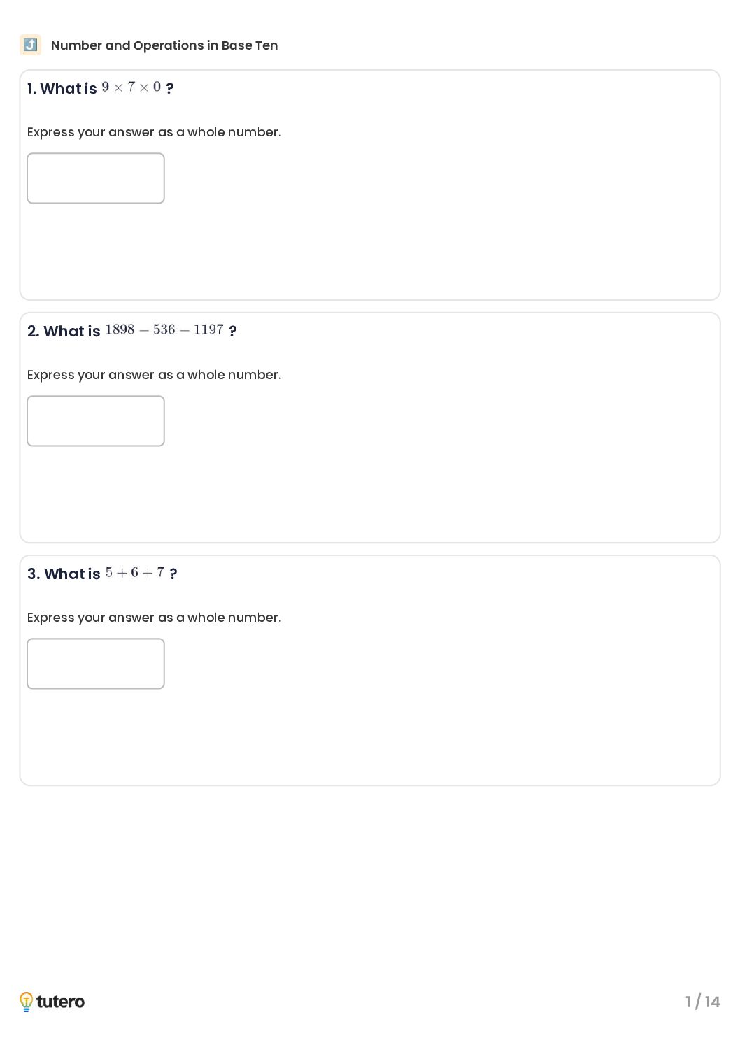 Number and Operations in Base Ten Standard Worksheet 1