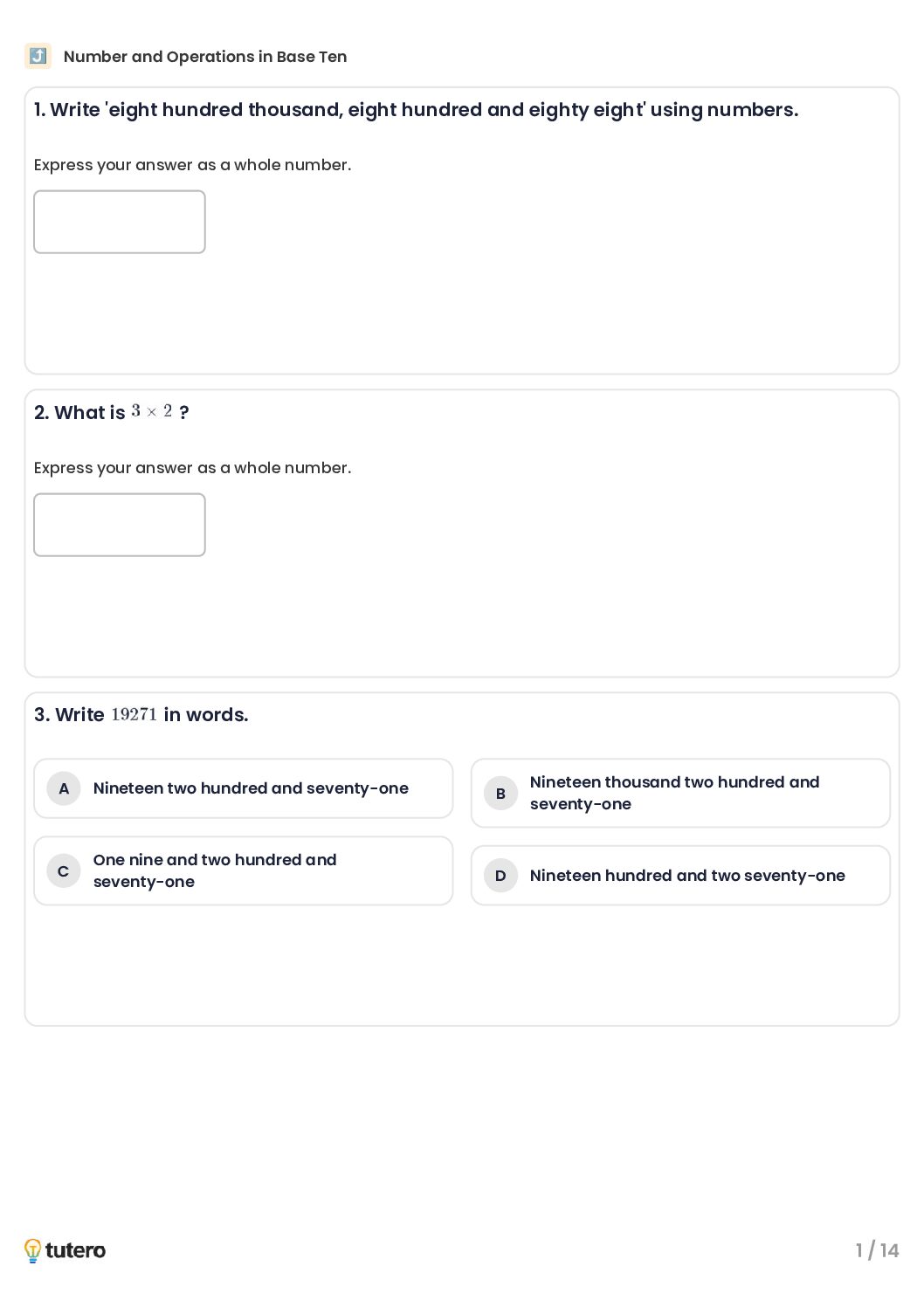 Number and Operations in Base Ten Standard Worksheet