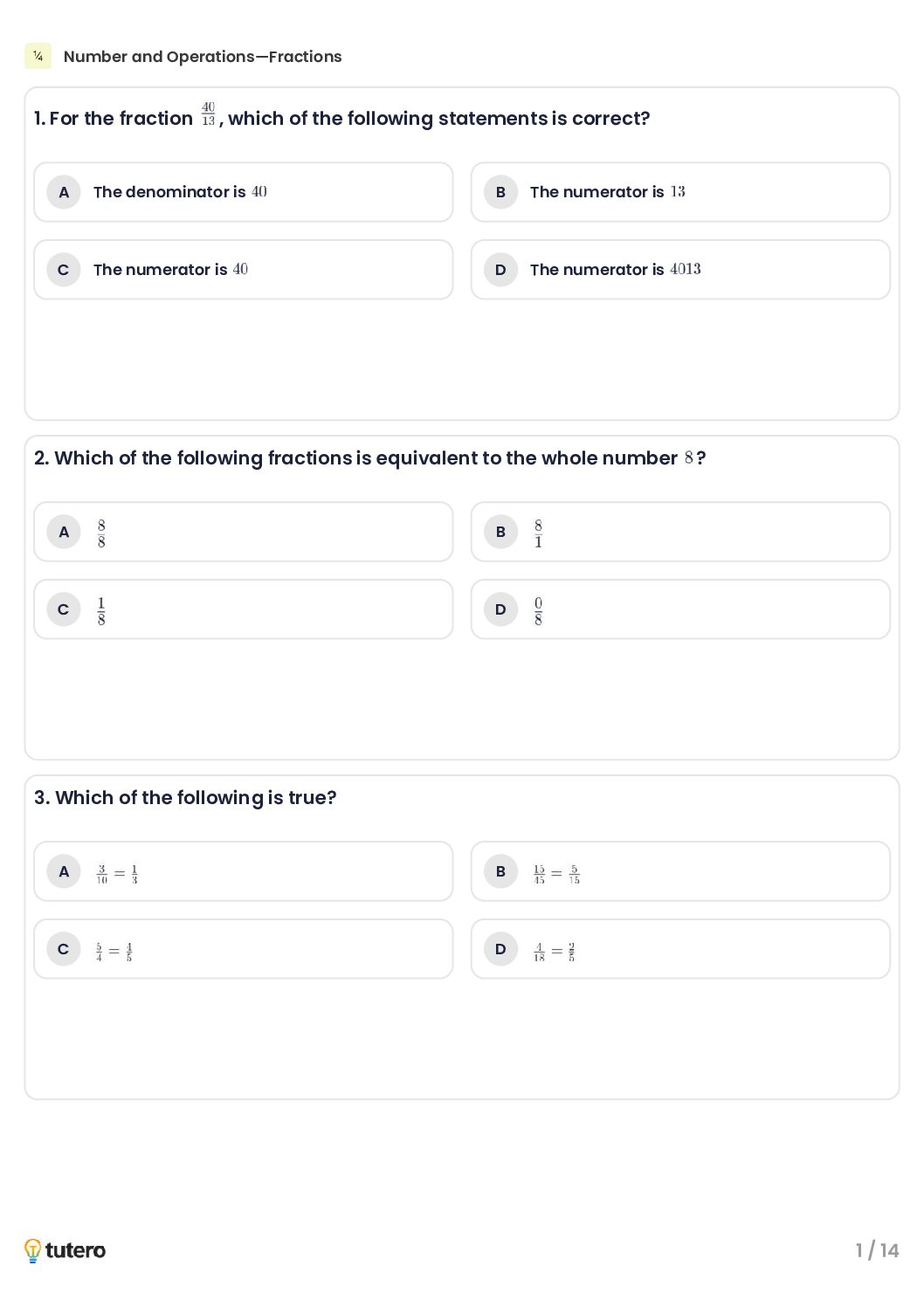 Number and Operations—Fractions Standard Worksheet 1