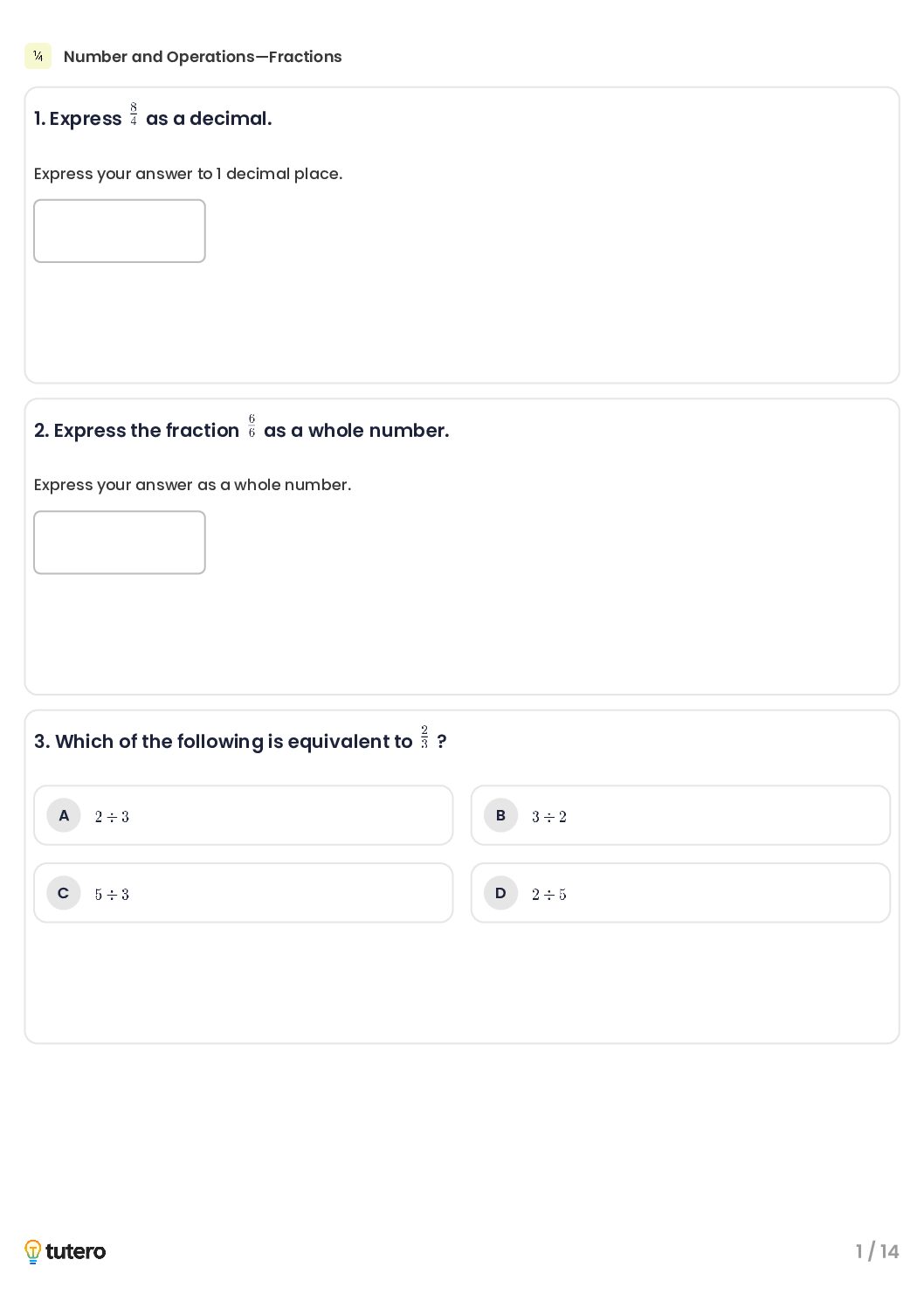 Number and Operations—Fractions Standard Worksheet