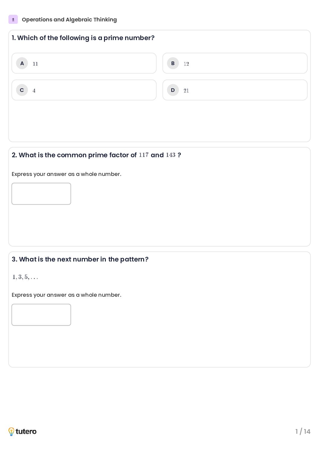 Operations and Algebraic Thinking Standard Worksheet 1
