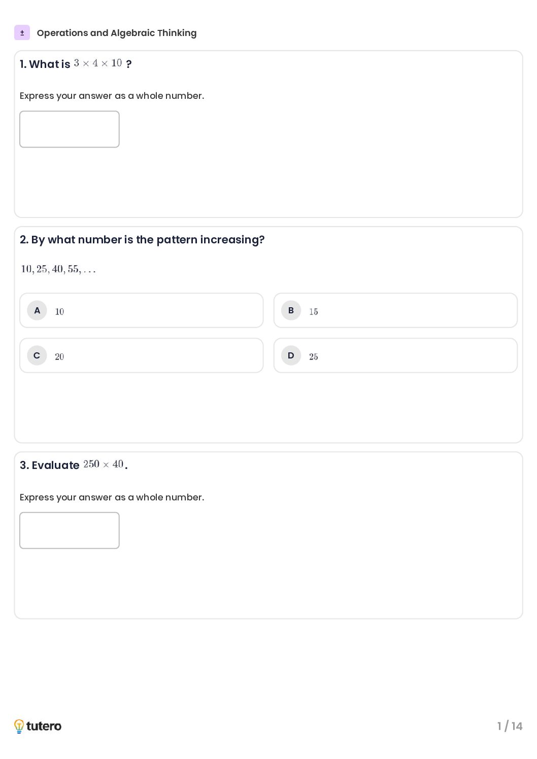 Operations and Algebraic Thinking Standard Worksheet
