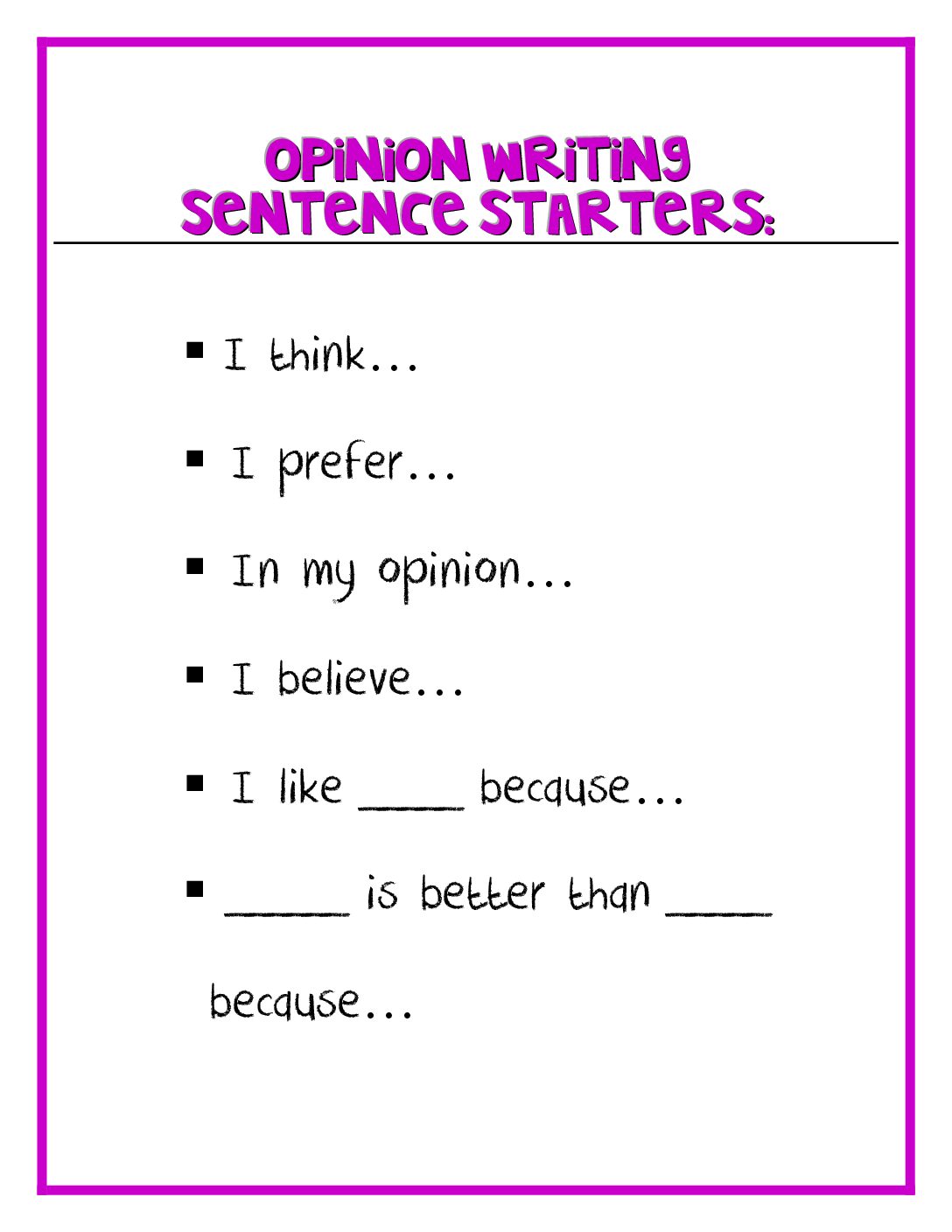Opinion Writing Sentence Starters Graphic Organizer