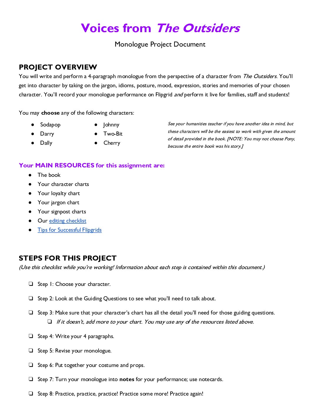 Outsiders Monologue Project