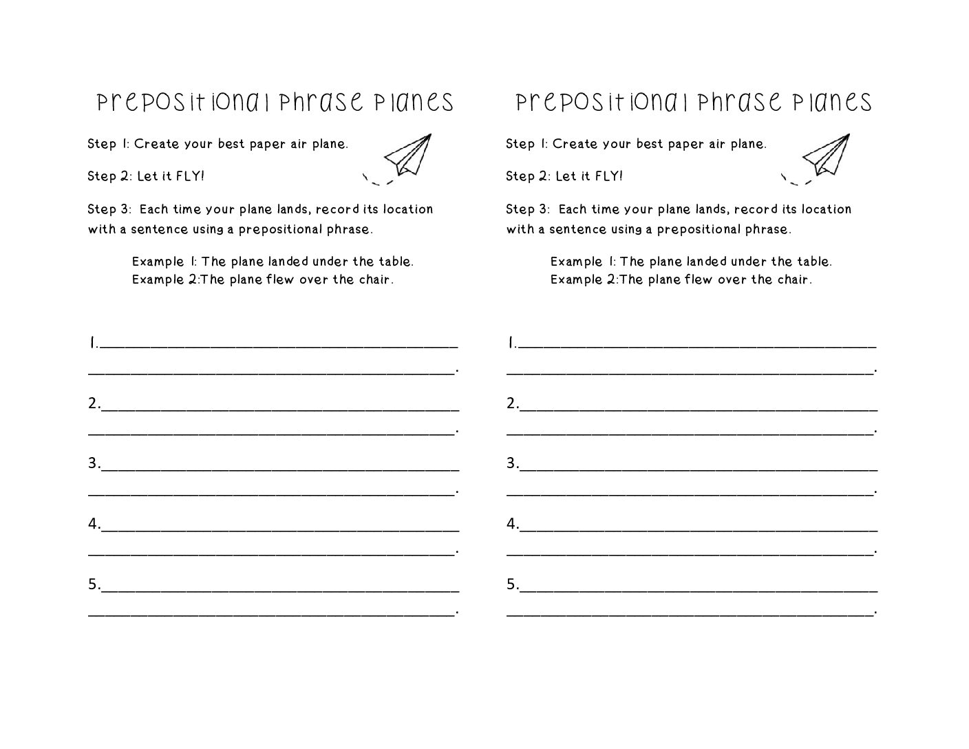 Pre Positional Phrase Paper Air Plane Activity