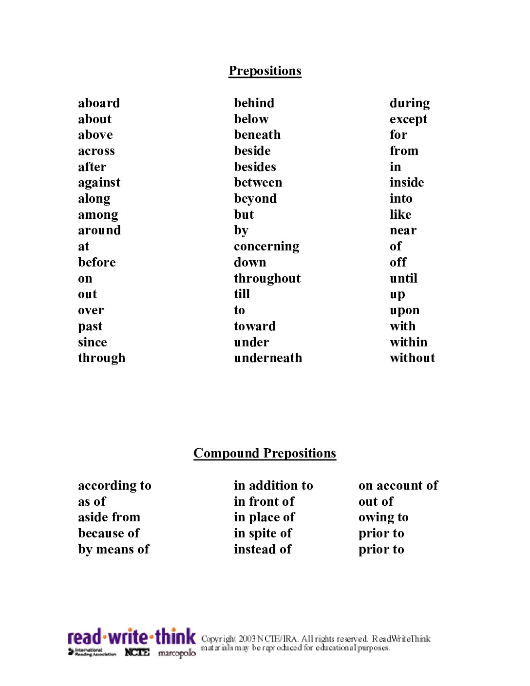 Preposition Scheck List