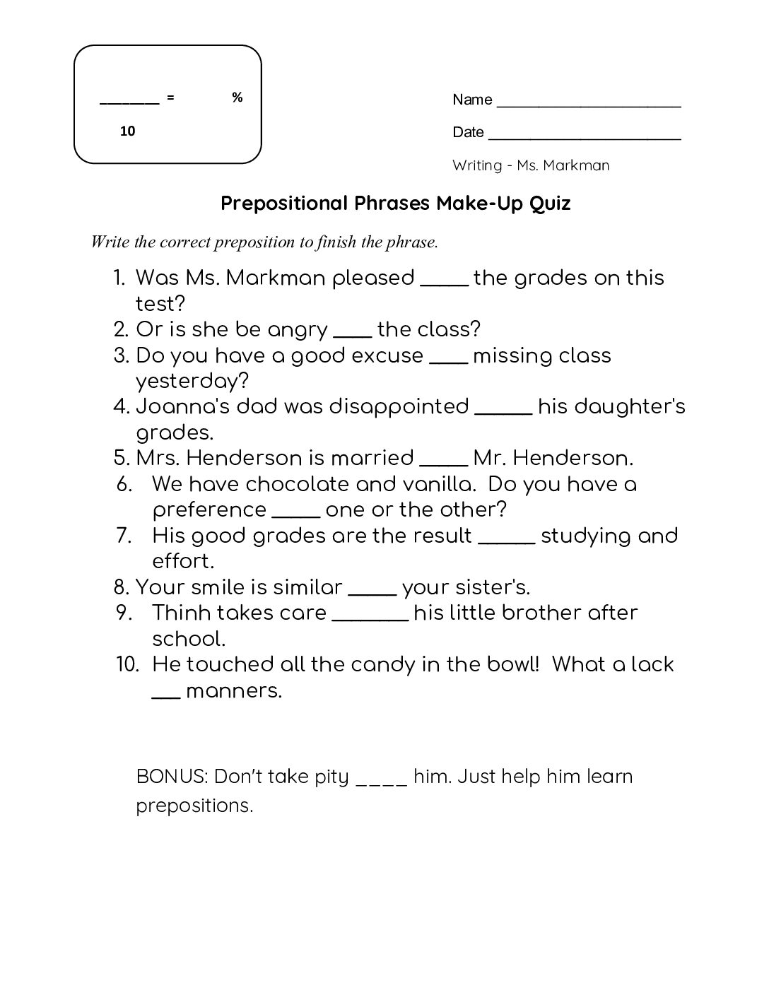 Prepositional Phrases Quiz