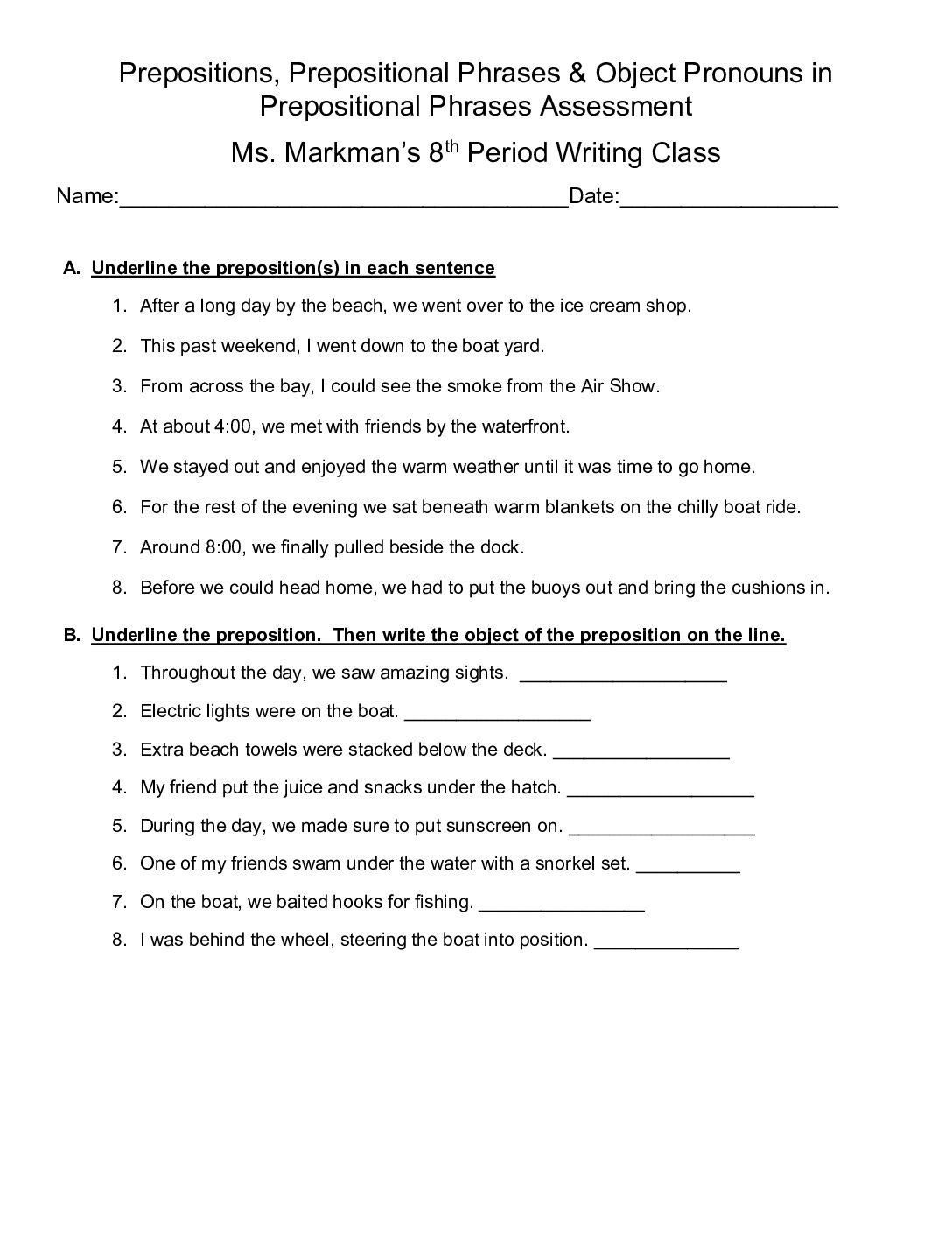 Prepositions Prepositional Phrases Object Assessment