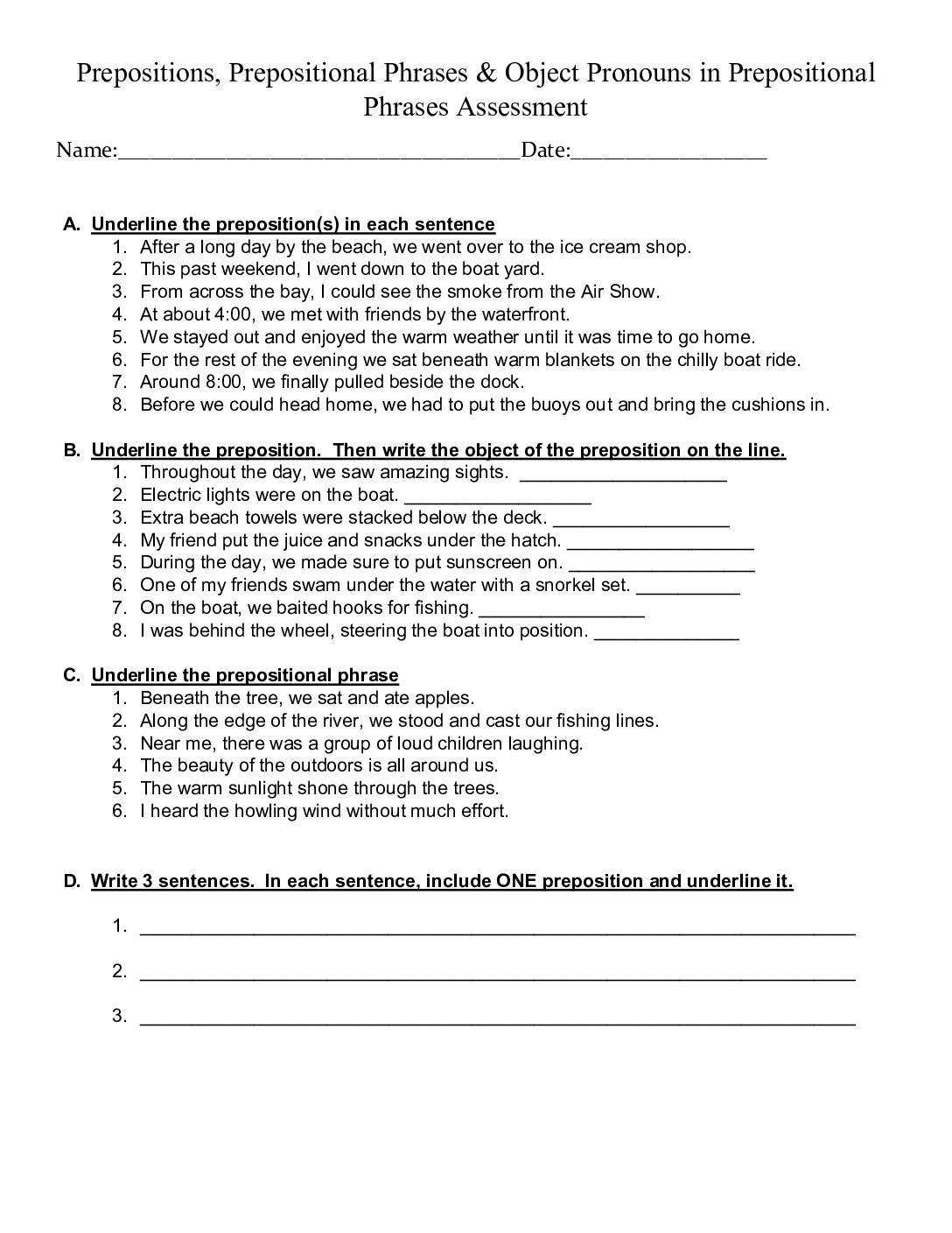Prepositions Prepositional Phrases Object Quiz Assessment