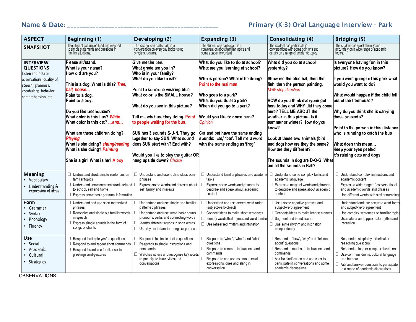 Primary Oral Interview Park