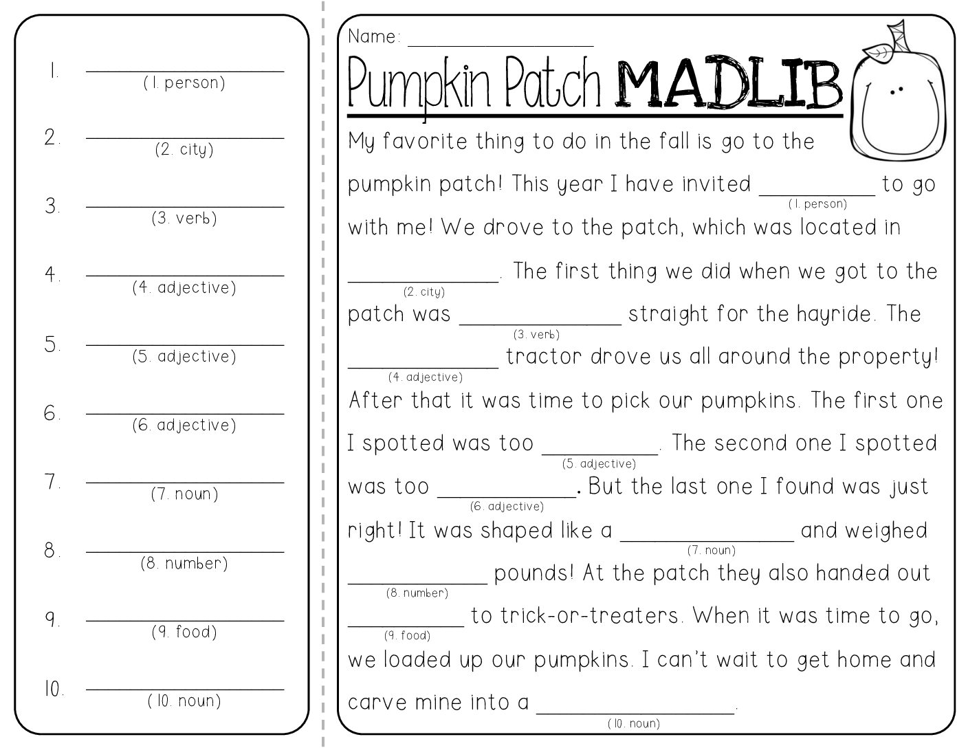 Pumpkinpatchmadlib Parts Of Speech Grammar