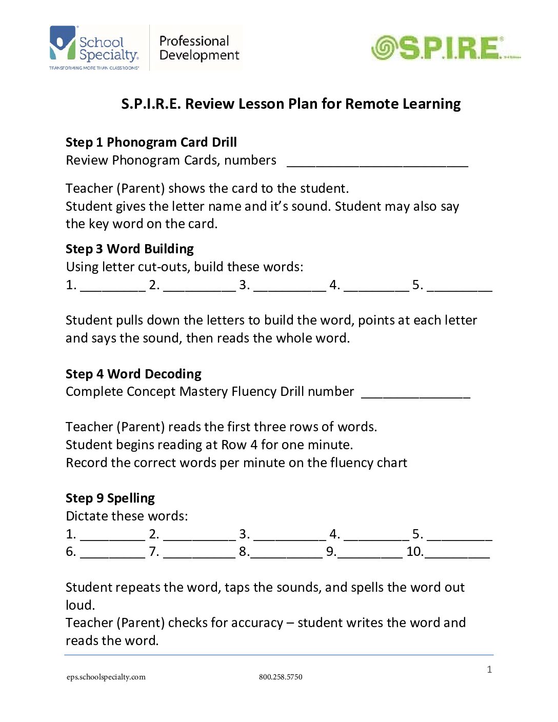 Remote S P I R E Review Lesson Planner Form