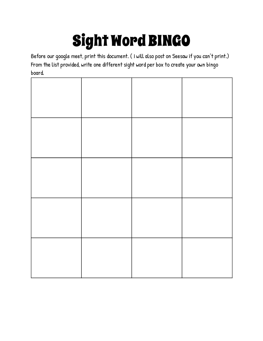 Sight Word Bıngo