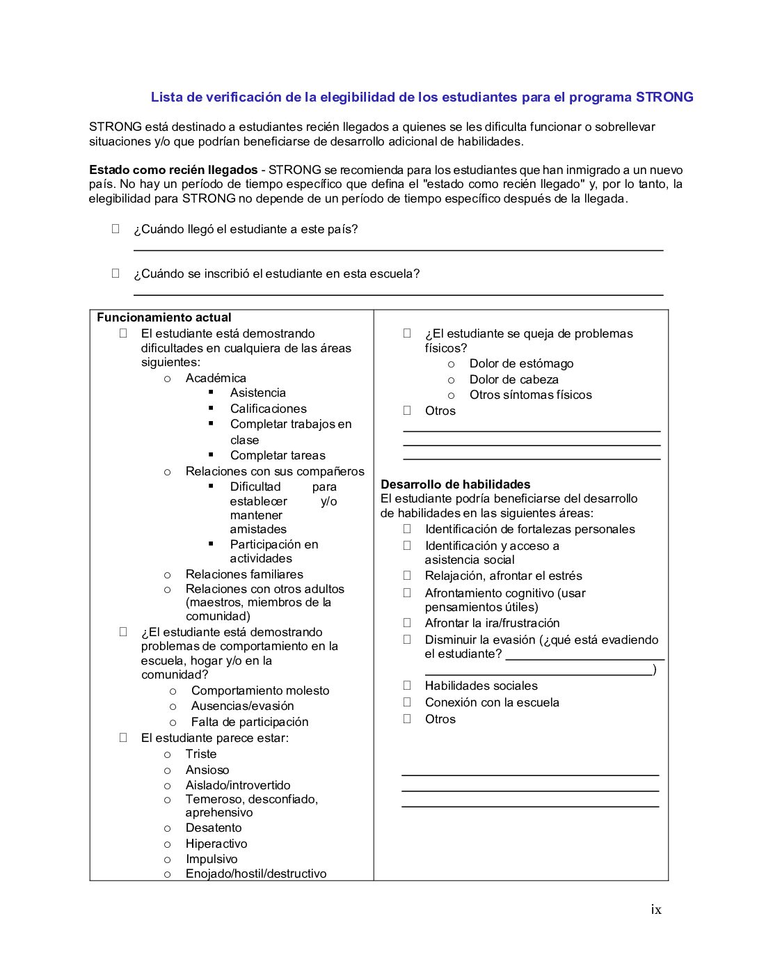 Spanish. STRONG Student Eligibility Checklist