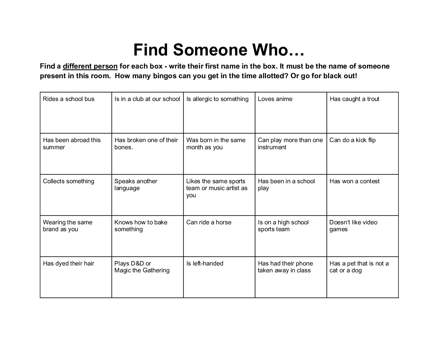Student Bingo Ice Breaker