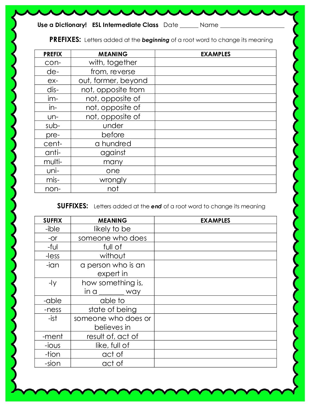 Sub Assıgnment Affixes Prefixes Suffixes Work Sheet With Meanings