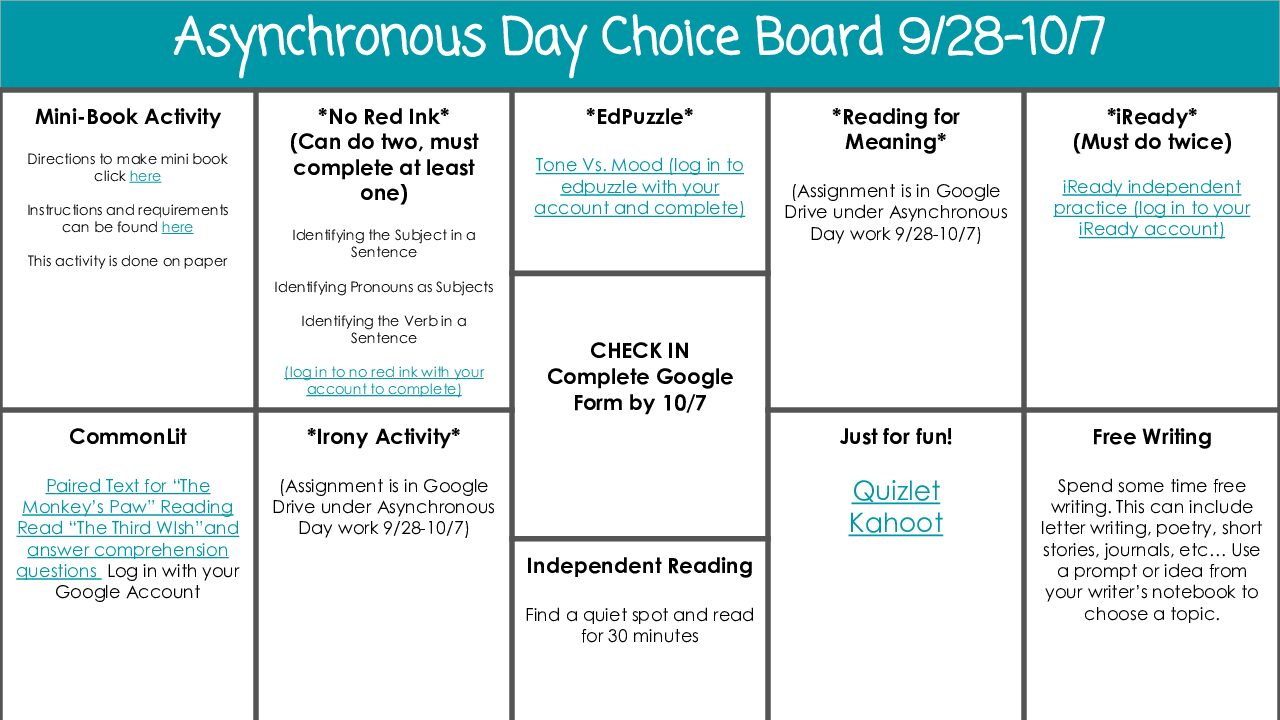 Template To Share Asynchronous Day Choice Board