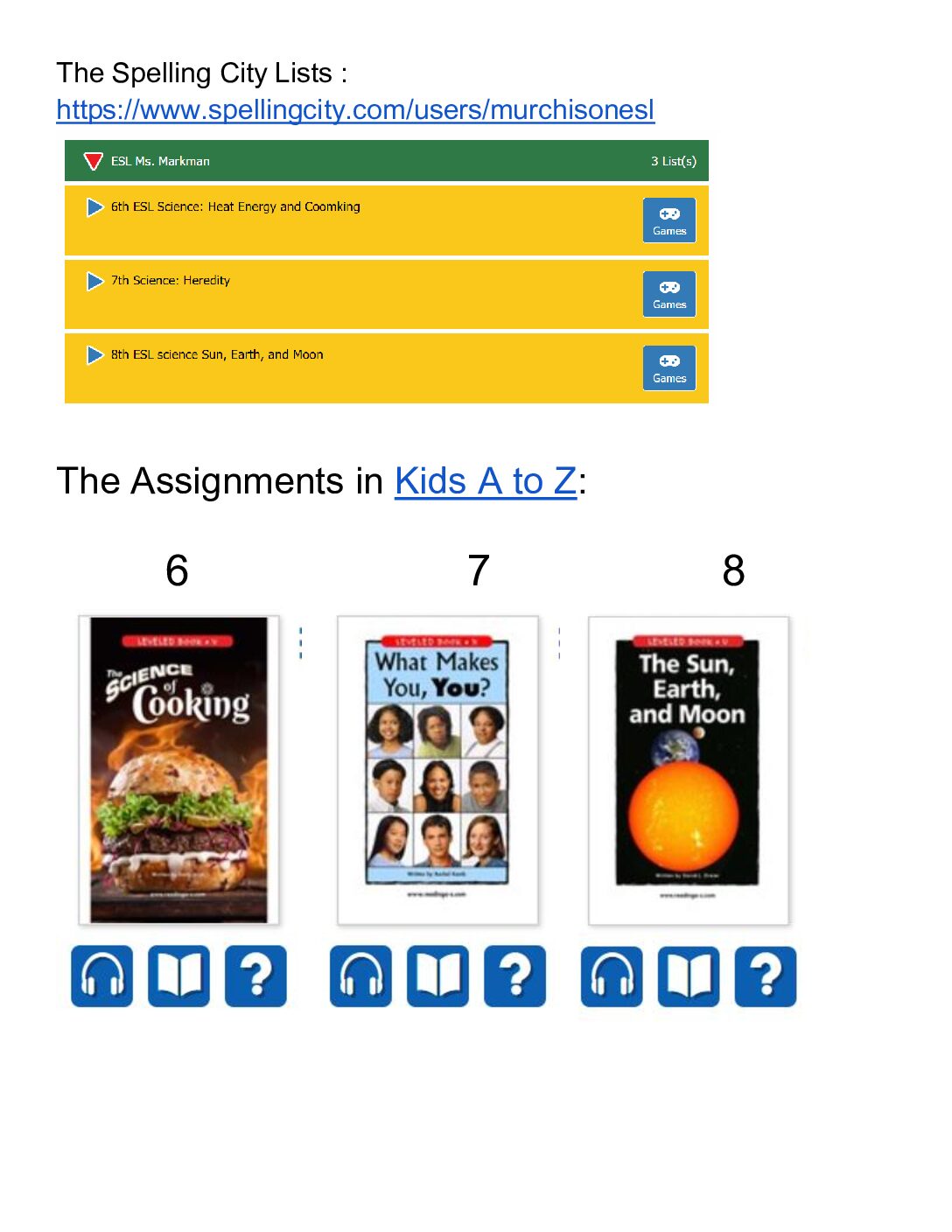 The Spelling City Lists & Raz Kıds Assignments