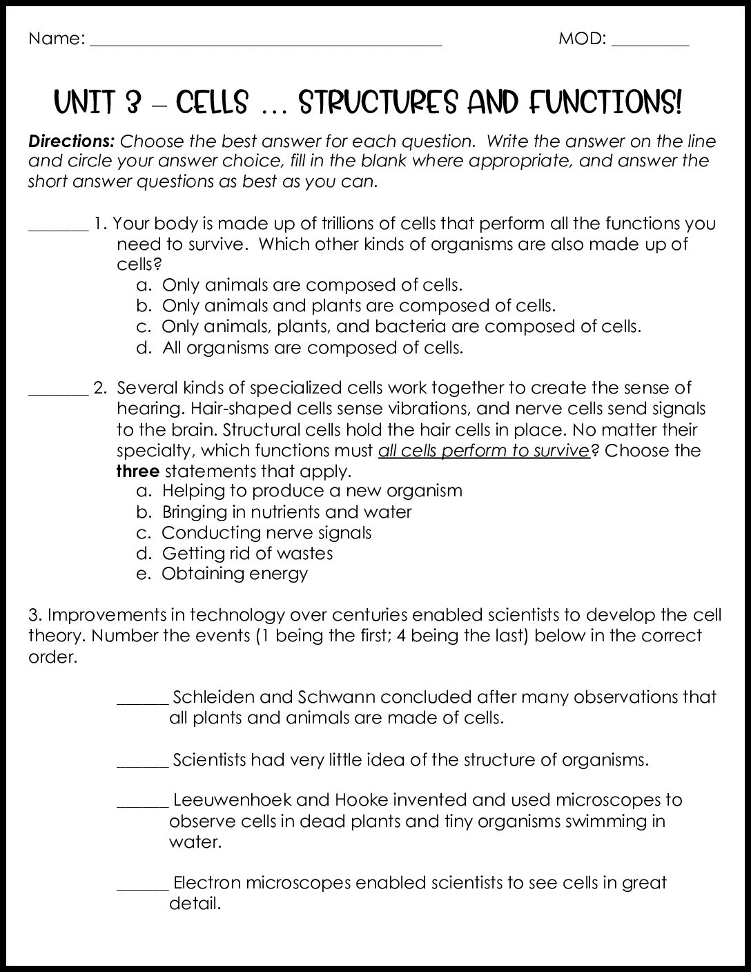 Unit 3 Assessment Cells Structure And Function