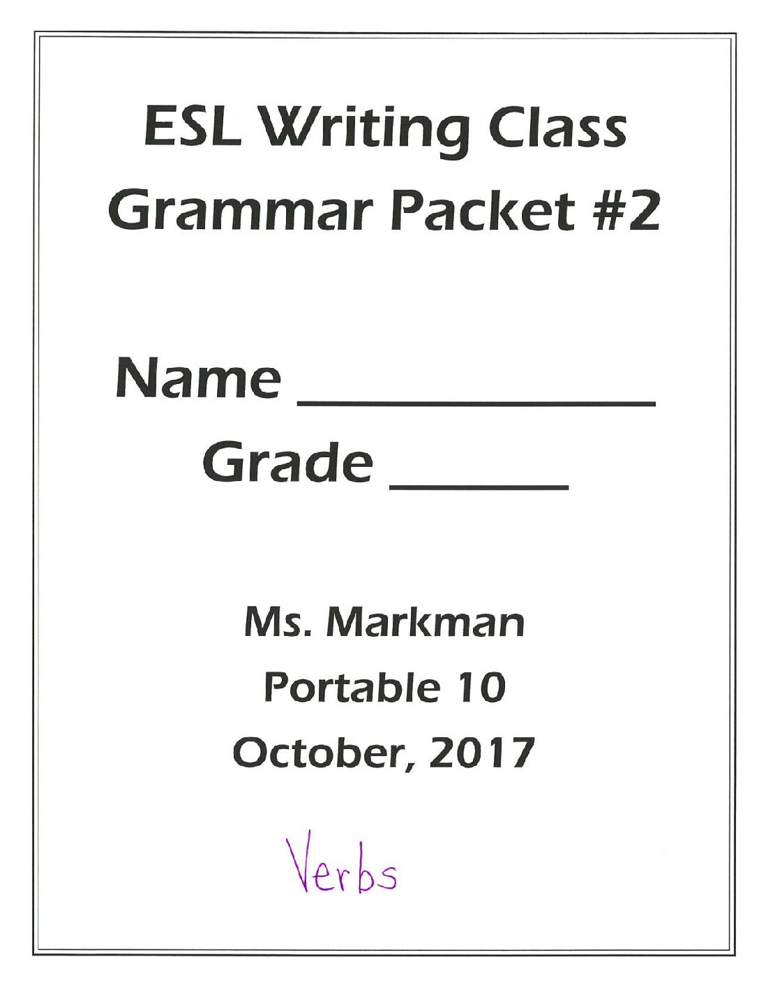 Verbs Grammar Packet 2017 October