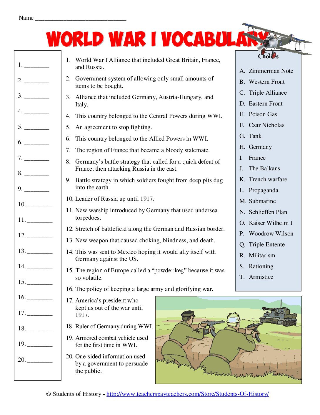 02 Wwı Vocab Matching Worksheet