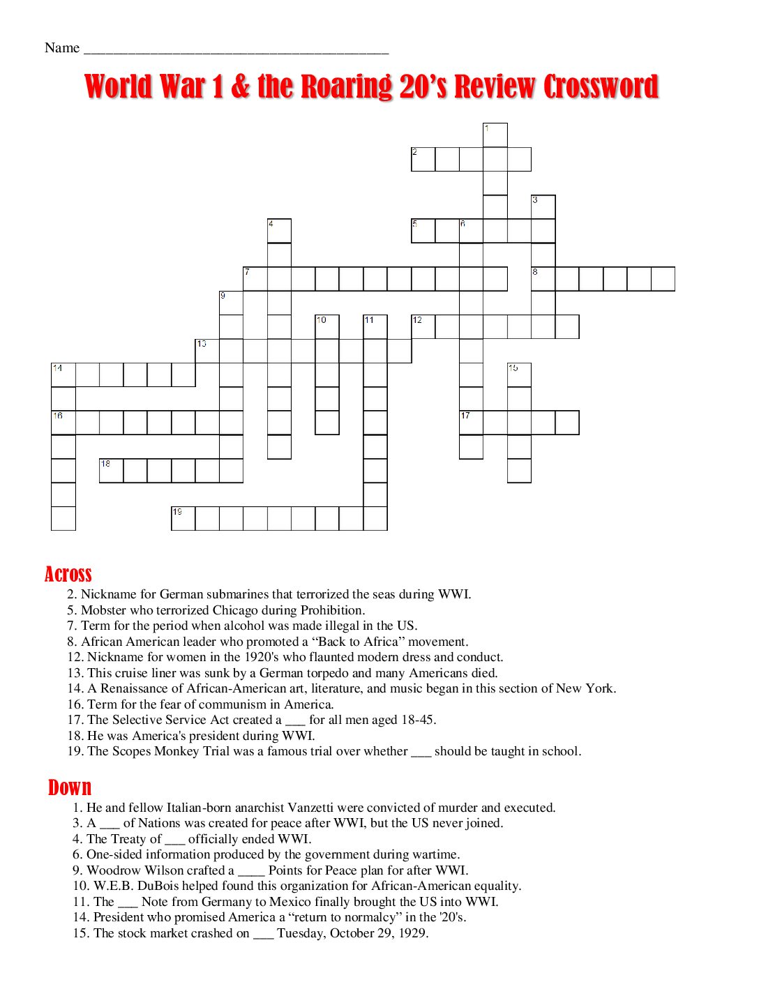05 Wwı And Roaring 20 S Crossword Puzzle