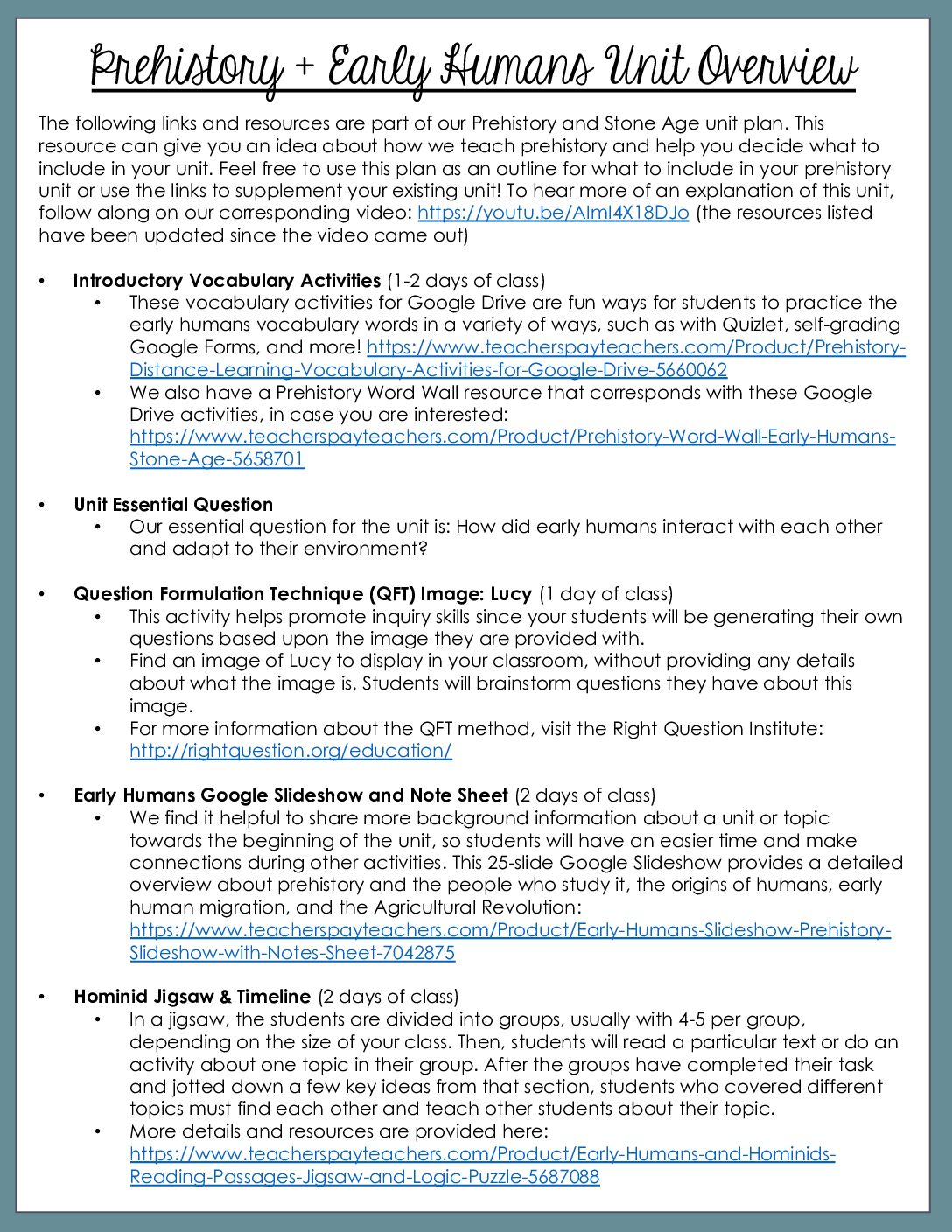 12 Prehistory And Early Humans Unit Plan And Lesson Overview