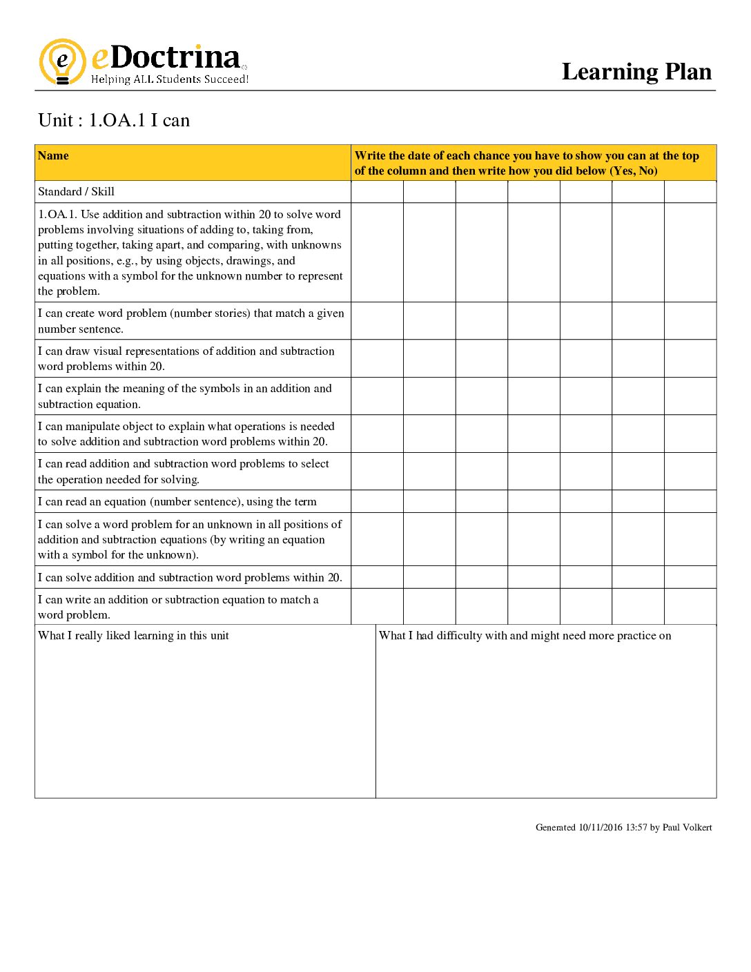 1St Grade Module 4 I Can
