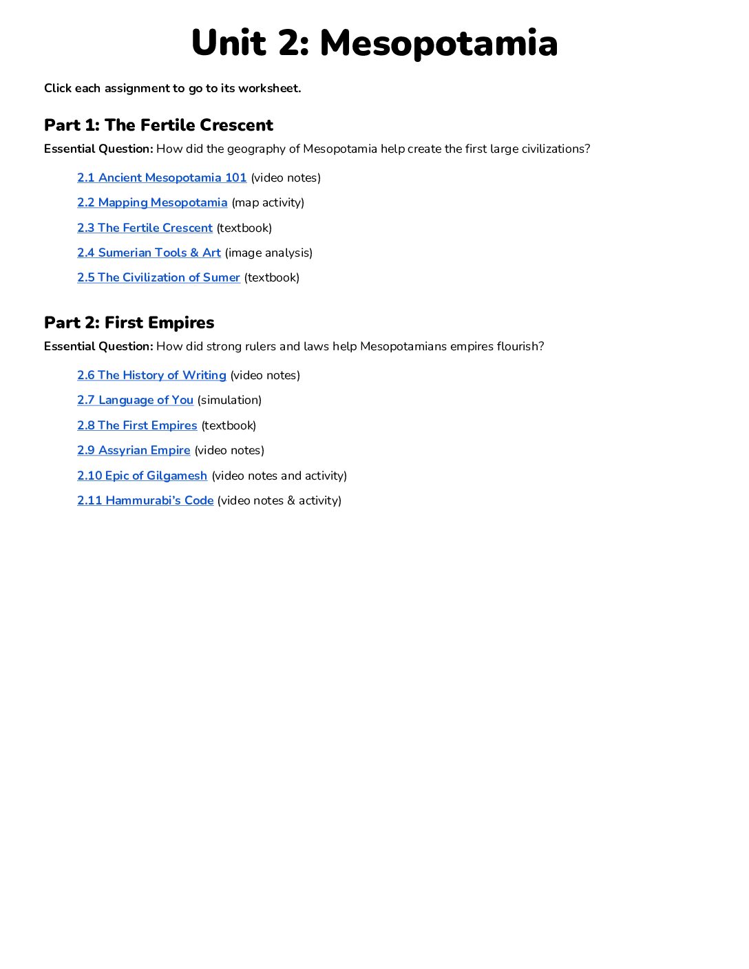 2023 Canvas Answer Key Unit 2 Mesopotamia