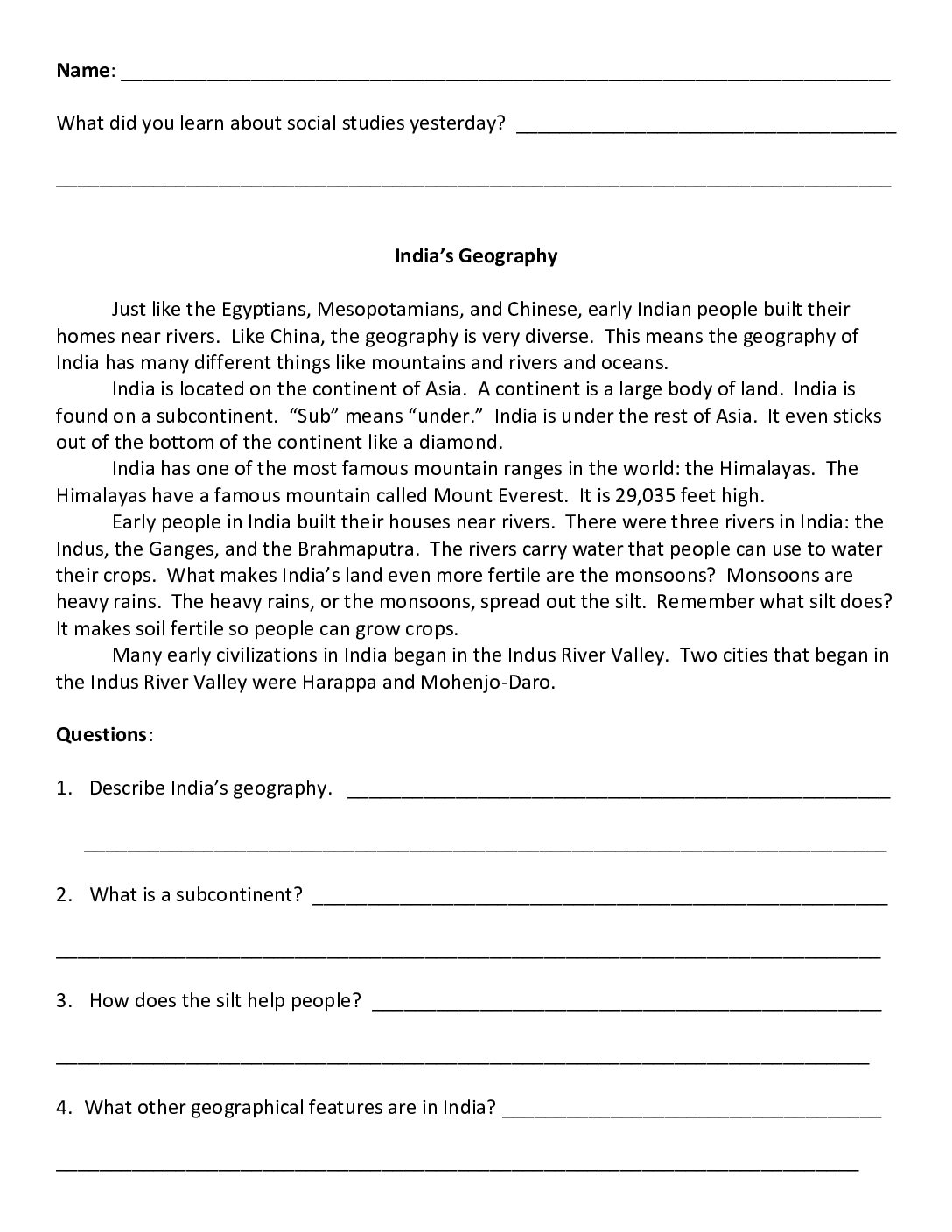 Ancient India Summary Assignments
